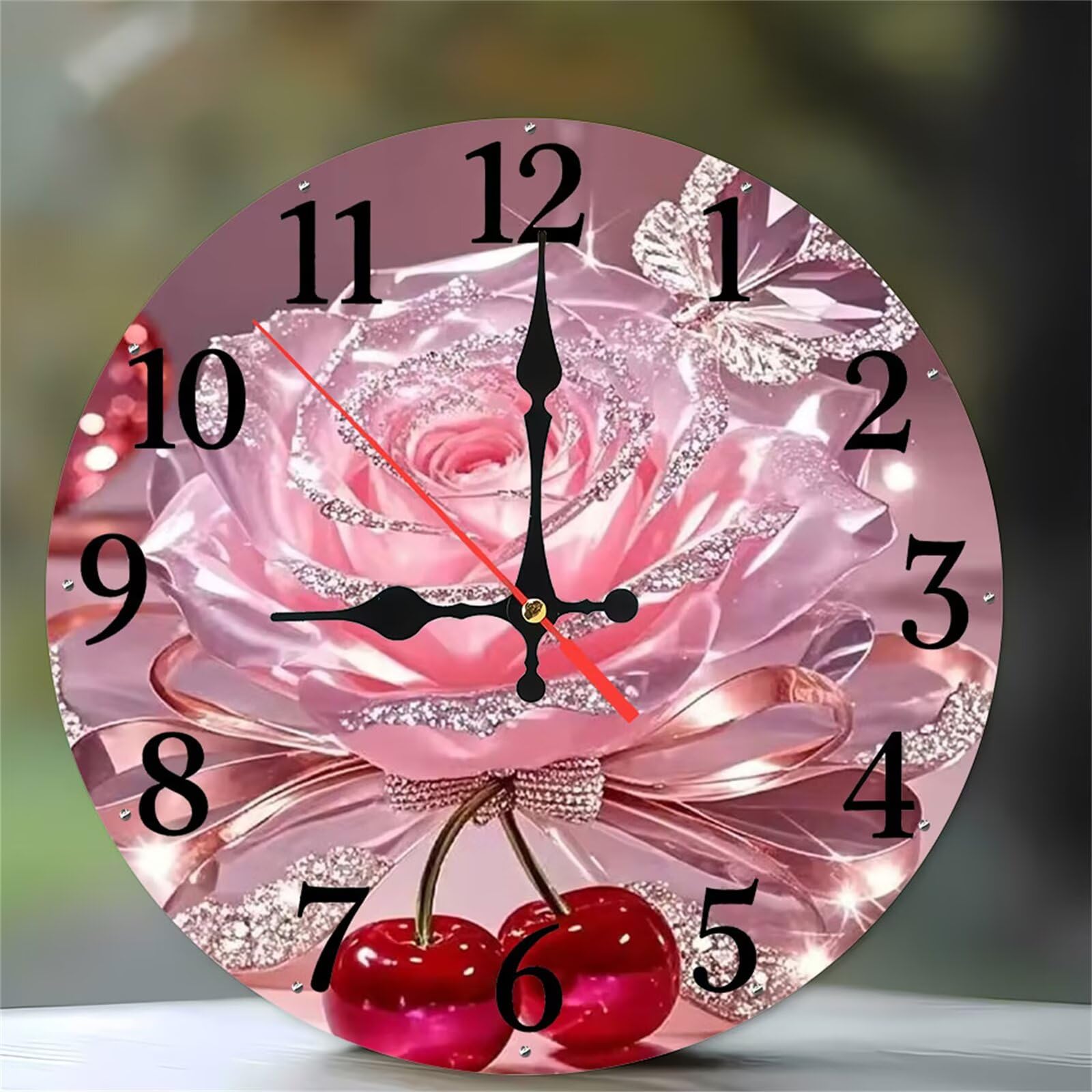 Umfarvt 12 Inch Rose Cherry Wall Clock, kitchen wall clocks, Ultra-Quiet Movement Quartz Sweep Round clock, Decorative Clocks for Living Room Bedroom Bathroom Office