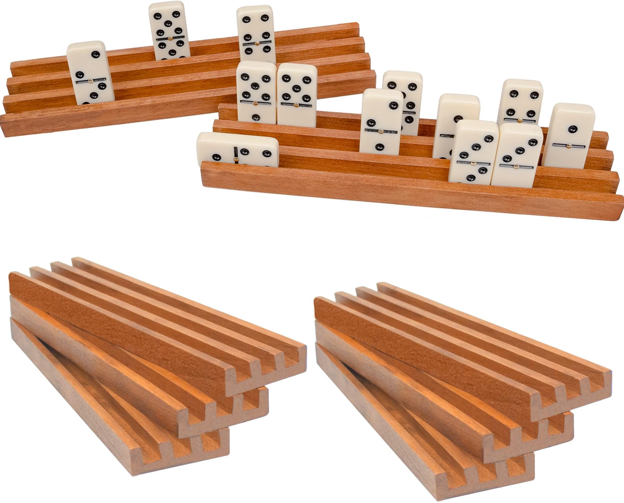 VINJOE Domino Trays Mexican Train, Natural Wood Domino Racks Holders Domino Tiles Holders for Chickenfoot and Other Dominoes Games, Mexican Dominoes Train Trays-Set of 8-Dominoes NOT Included