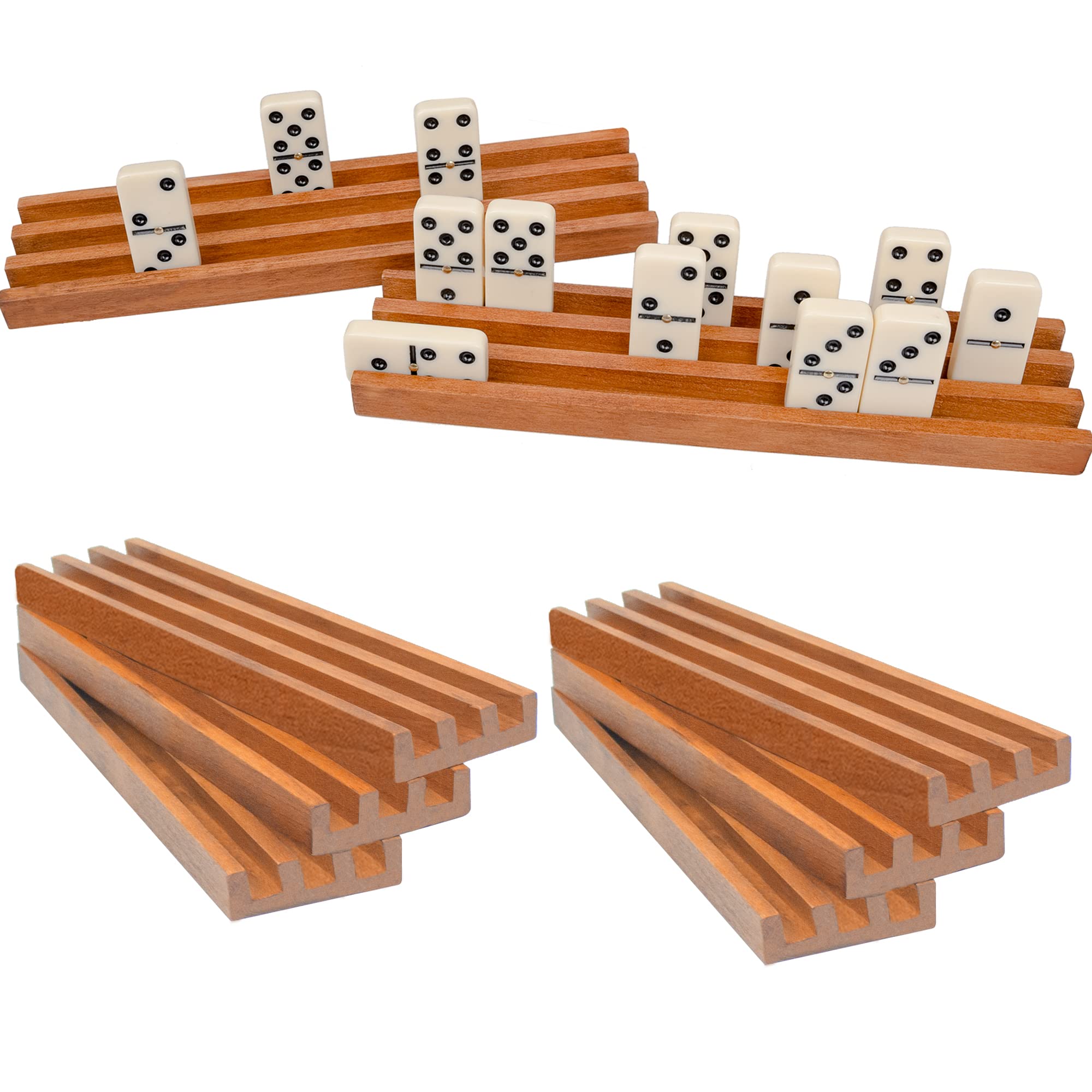 VINJOE Domino Trays Mexican Train, Natural Wood Domino Racks Holders Domino Tiles Holders for Chickenfoot and Other Dominoes Games, Mexican Dominoes Train Trays-Set of 8-Dominoes NOT Included