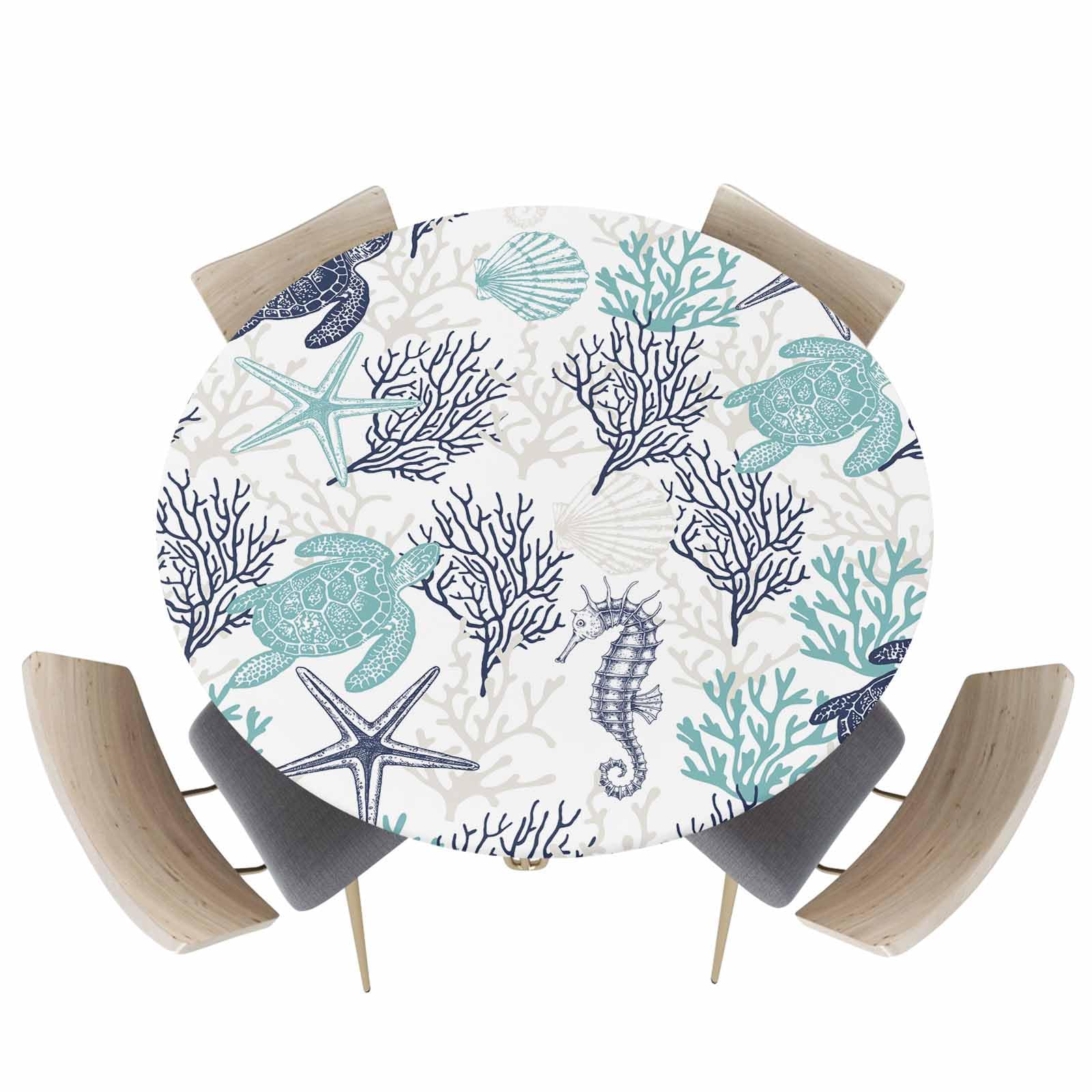 Chees D ZoneCoastal Fitted Tablecloth for Round Table,Teal Turtle Coral Table Cover with Elastic Edge Waterproof Table Cloth,Seahorse Underwater World Circle Table Covers for Kitchen 36-44in