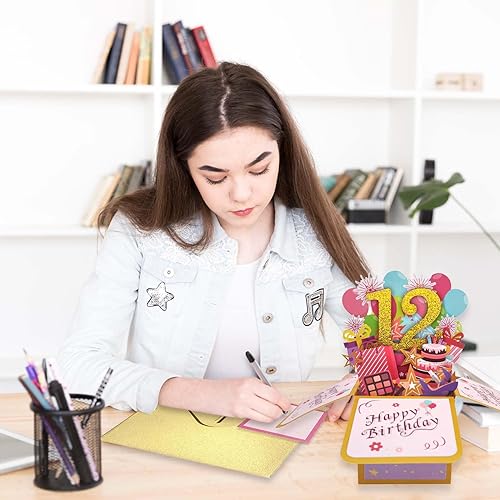 Miniatura 4 de Asmallgf Tarjeta desplegable de cumpleaños de 12 años para niñas y niños, gran regalo de cumpleaños de 12 años para hija, sobrina, tarjeta emergente