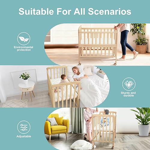 Miniatura 7 de Mini cuna portátil  Cunas de bebé convertible con colchón de espuma suave (33 x 20 pulgadas), cuna de noche de 6 alturas, cuna con ruedas para