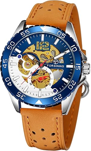 FORSINING Reloj de esqueleto de corazón abierto, relojes de cuero mecánicos de cuerda automática de lujo para hombres, reloj de brillo nocturno,