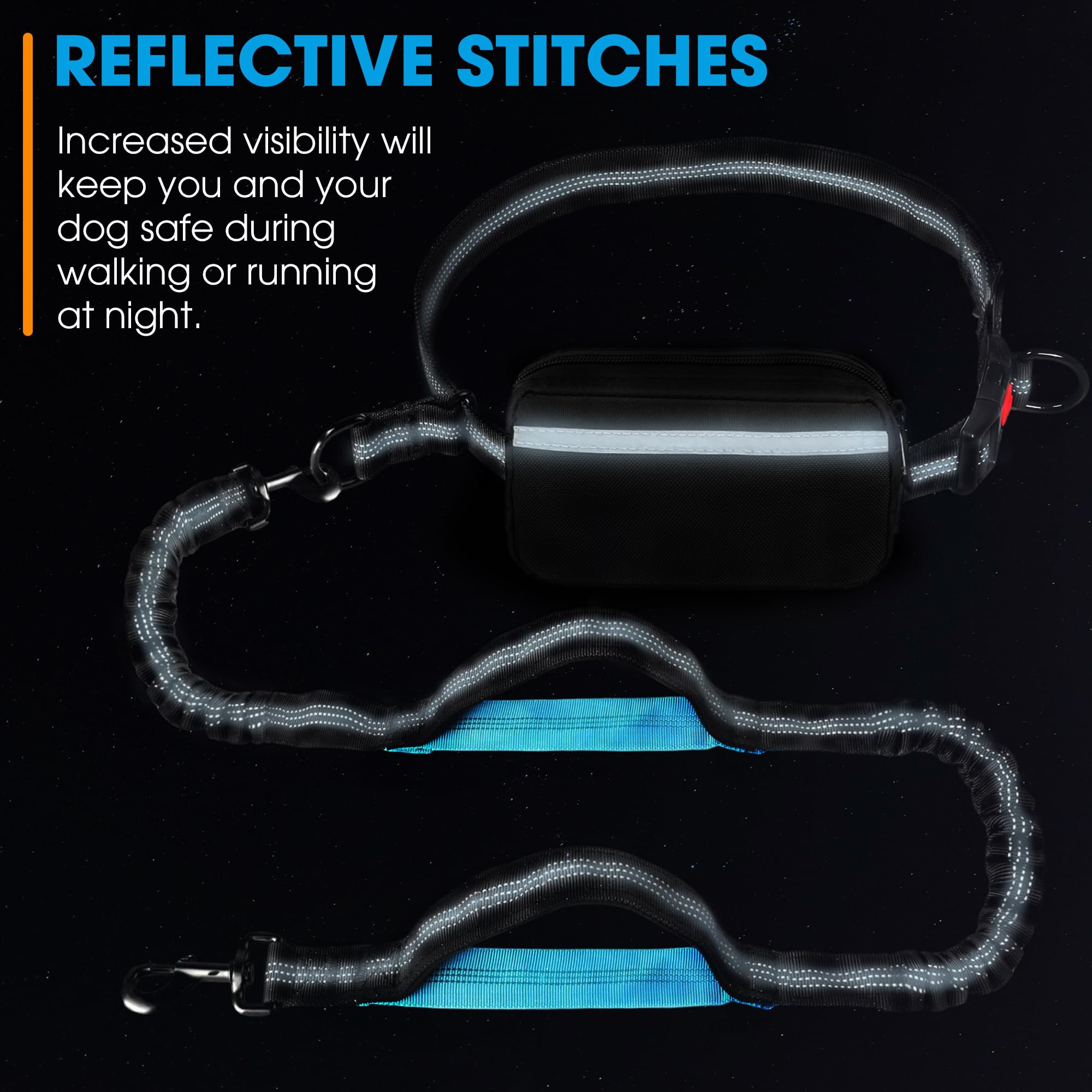 Hands Free Dog Leash with Waist Belt – No-Pull Bungee, Dual Padded Handles & Zipper Pouch for Running, Walking & Training – Adjustable Waist Leash for Large & Medium Dogs (Black) - image 6