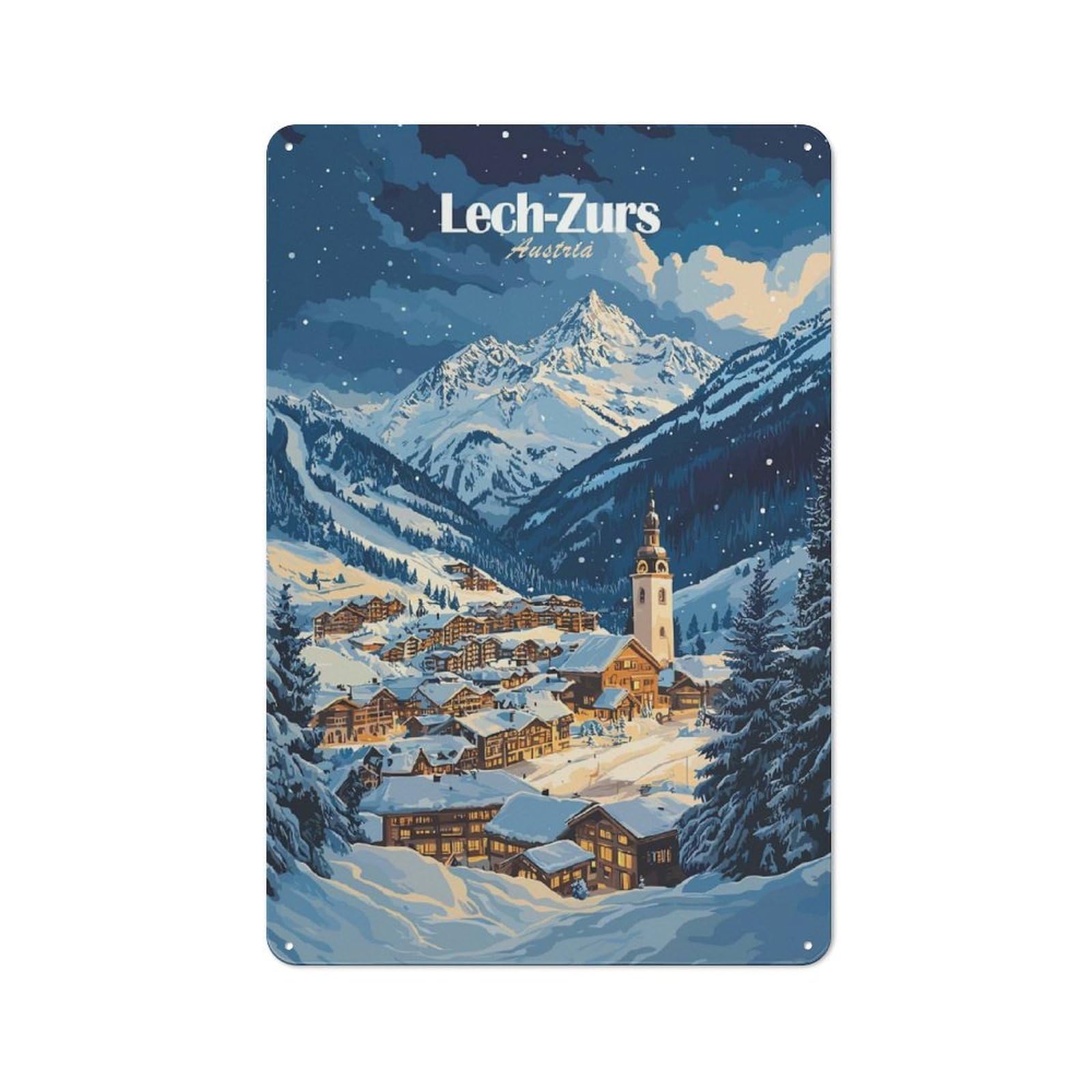 Junmoney Style-5 Lech-Zurs Austria Winter Village Tin Wall Sign 30X20cm, Loft Style Industrial Wall Decor For Loft, Studio, Office Or Creative Room