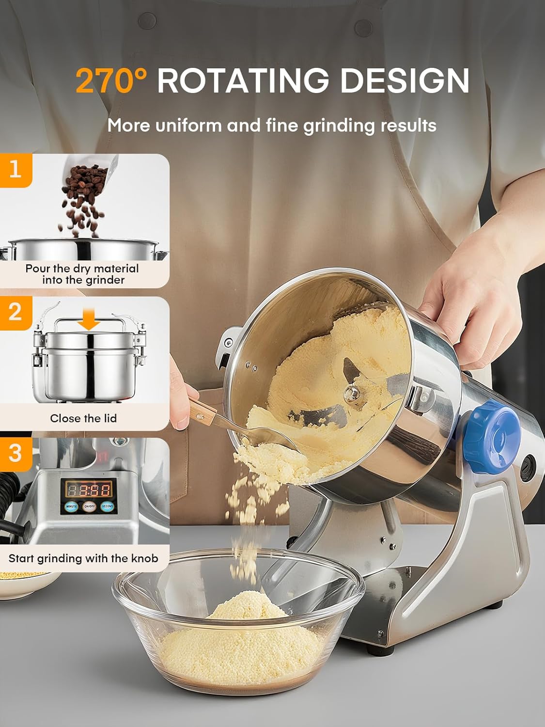 Electric Grain Mill 2500g, Swing Grain Grinder Mill 3850W, Upgrade Stainless Steel Flour Mill, High-speed Spice Herb, Commercial Superfine Machine, Dry Cereals Pulverizer