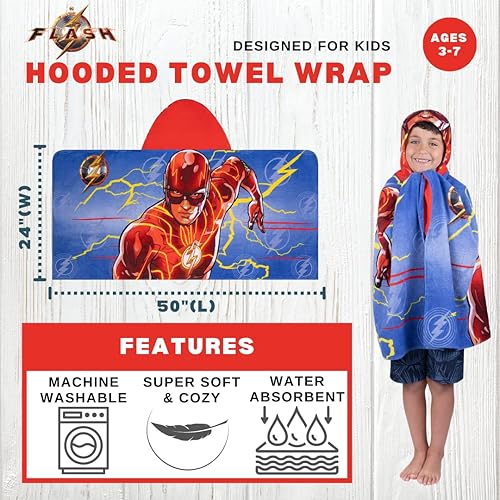 Miniatura 2 de WB The Flash Movie DC Comics - Toalla de algodón suave con capucha para niños, piscina y playa, 24 x 50 pulgadas, por Franco