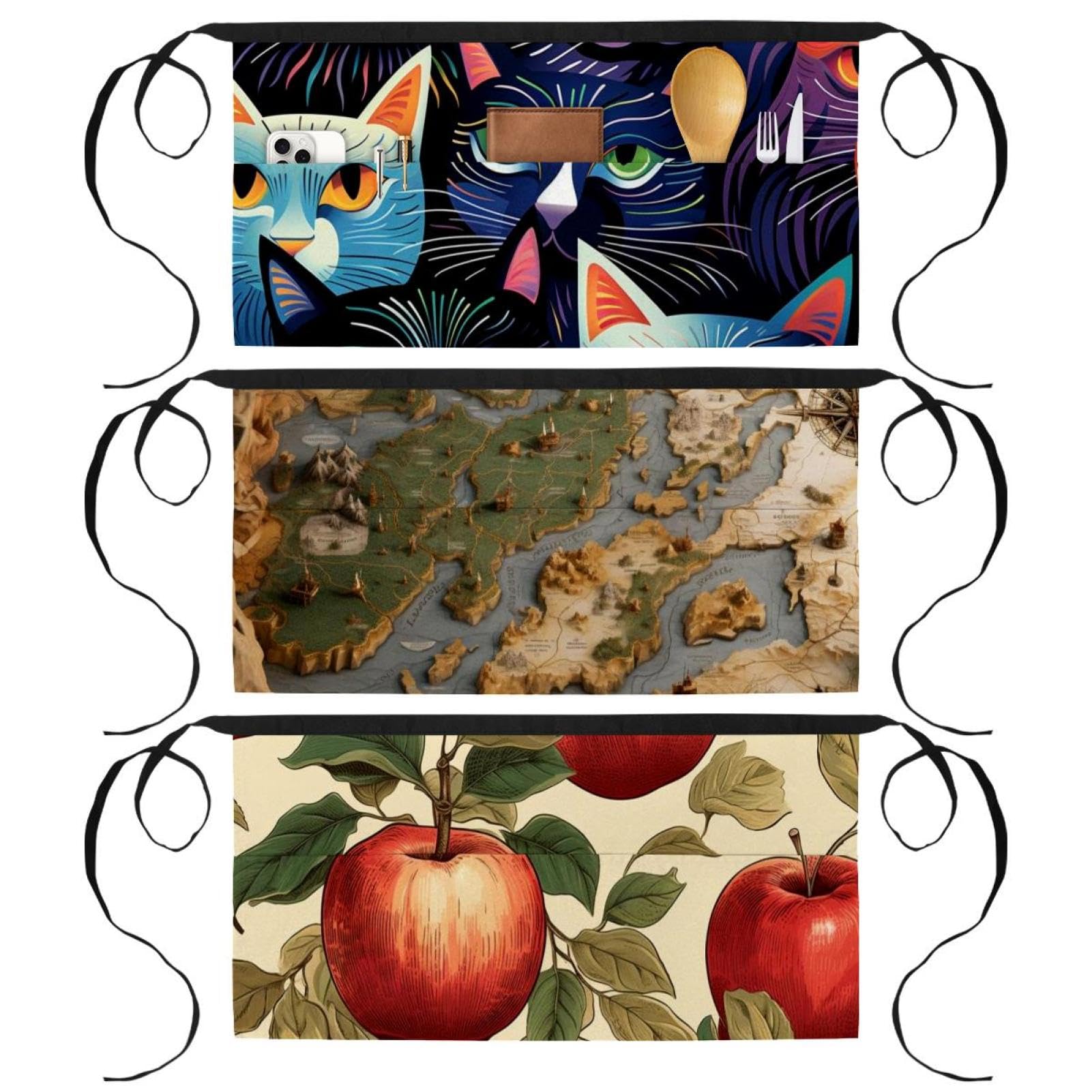 3 Pockets Waist Apron, 3 Packs Short Server Aprons, Map Tiles Kitchen Chef Aprons, Work Half Apron for Waitress Waiter