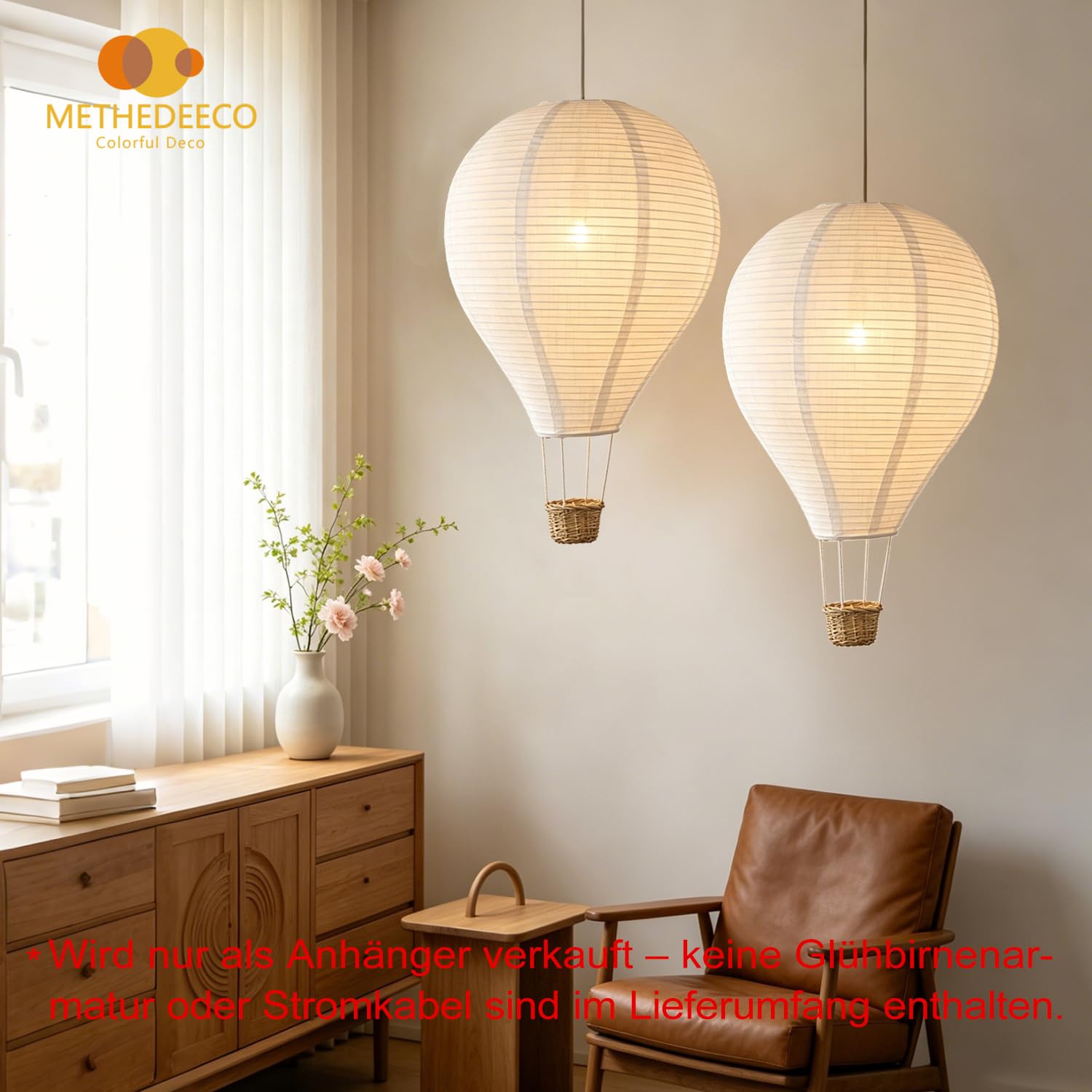 METHEDEECO Heißluftballon Pendellampenschirme Kinderzimmer 2er Set aus Leinen, Hängelampenschirm Weiß 34 x 55 cm, Lampenschirme für Babyzimmer & Spielzimmer, nur Schirme