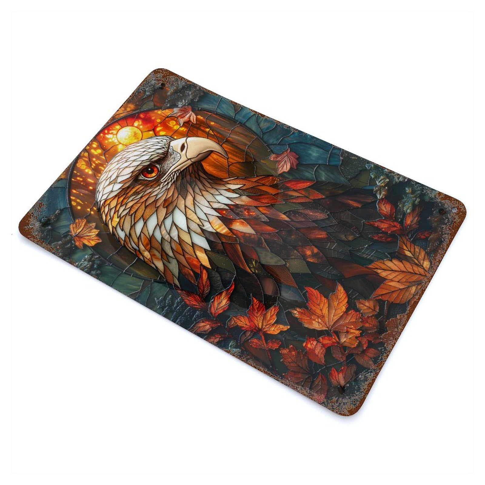 Rust Effect Abstract Eagle Stained Gl Weathered Tin Sign 11.8"x7.9", Shabby Chic Decor for Cafe, Home Bar And Lounge Decor