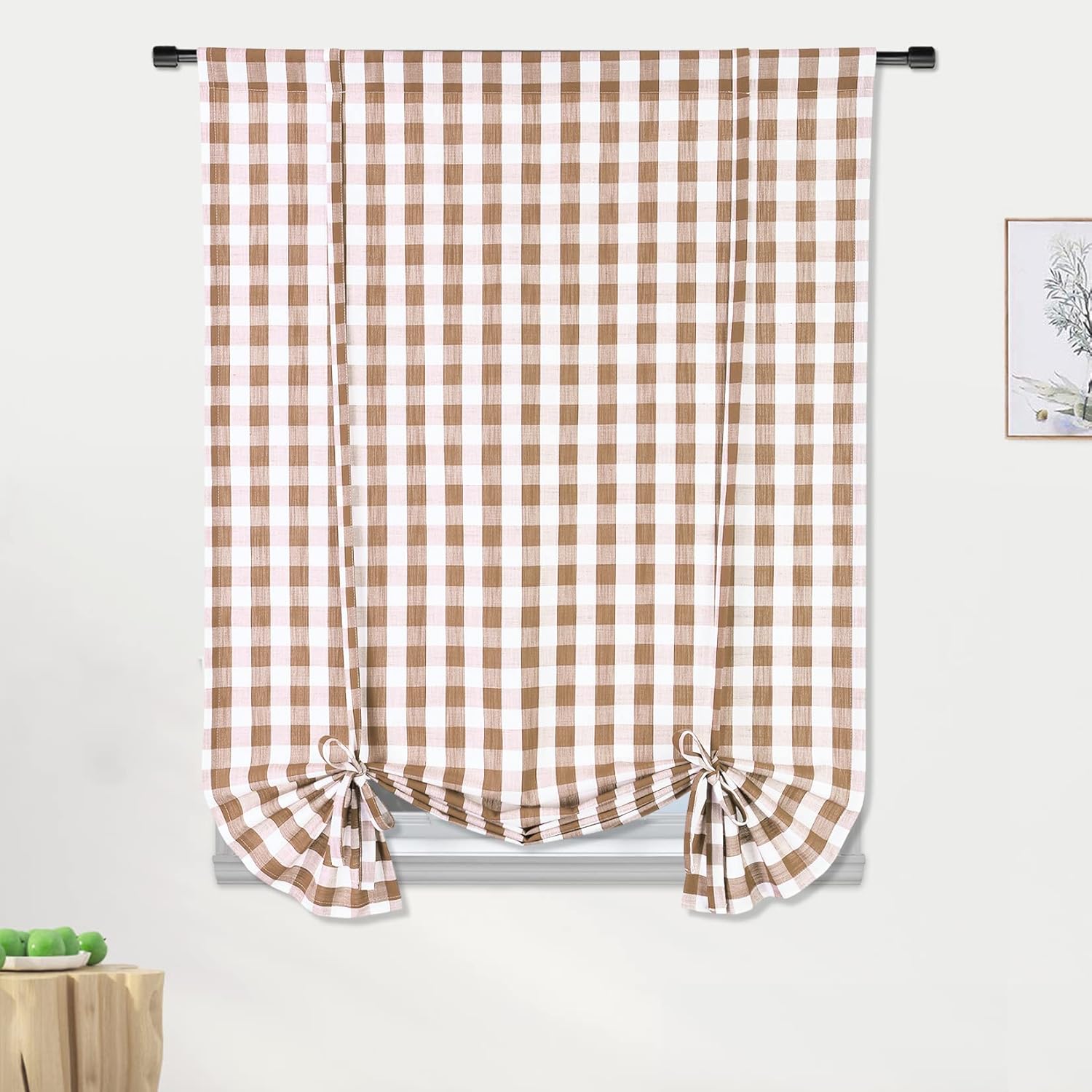GlowSol Tie Up Window Curtains Gingham Check Curtains for Living Room Kitchen Curtains Adjustable Tie Up Shade Cafe Window Curtains Rod Pocket, 42×63 Inches, 1 Pcs
