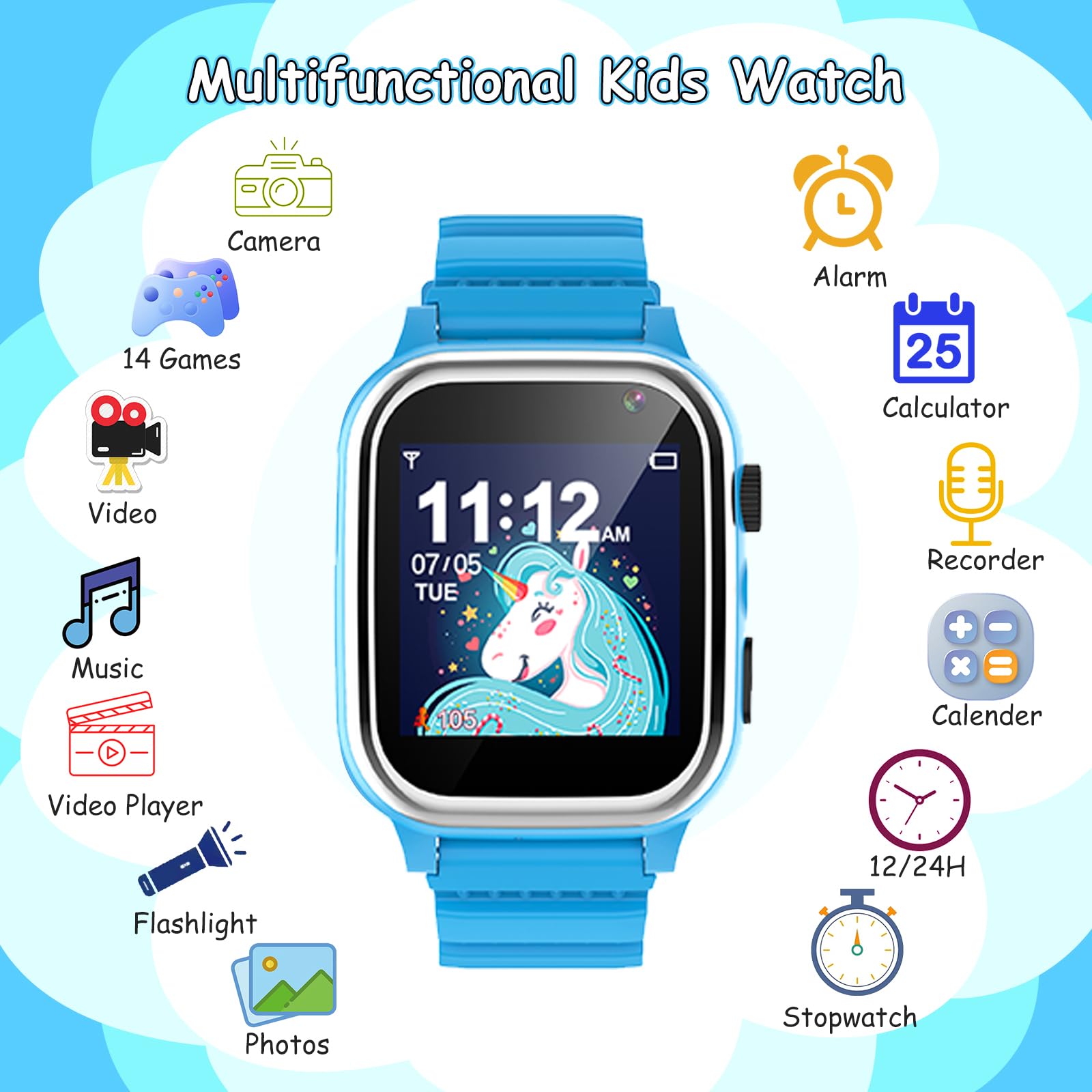 Kinder Smartwatch, Smartwatch Kinder Telefon mit SIM Karte Anruf SOS 26 Spiele Kamera Musik MP4 Schrittzähler Wecker Taschenlampe Recorder, Kinderuhr für Jungen Mädchen Student 4-12 Jahre Geschenk