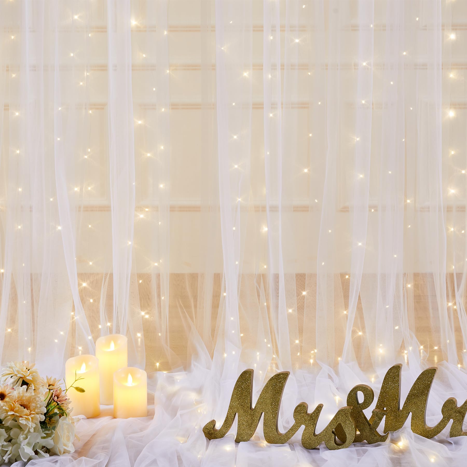 Rideau de fond en tulle blanc avec guirlande lumineuse, 3,05 x 3,05 m pour mariages, baby showers, fêtes d'anniversaire, toile de fond transparente infroissable, facile à installer, décorations