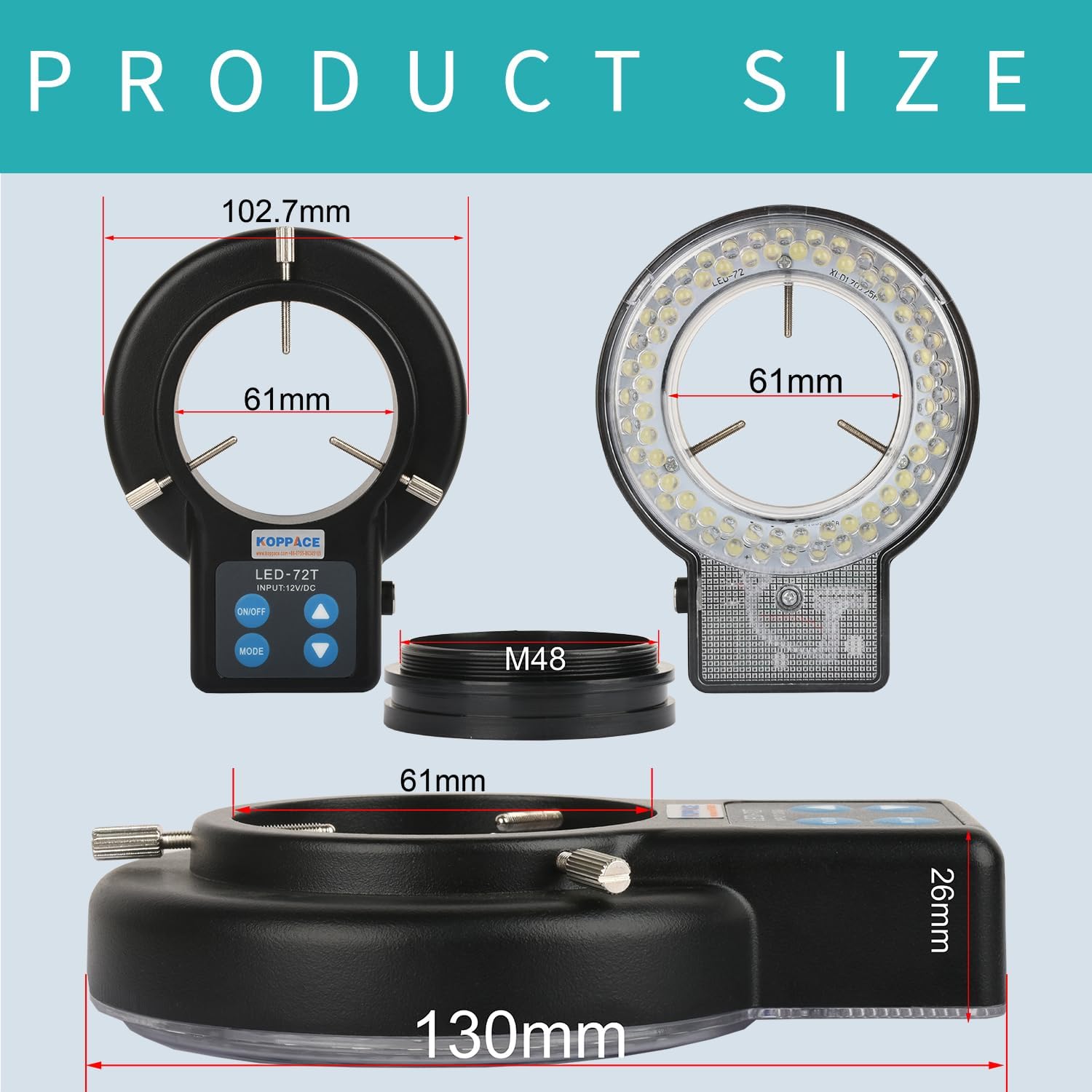 61mm Microscope Ring Light with Adjustable LED Light Source, 72 Beads for Scientific/Educational Use, Lab Equipment Accessory
