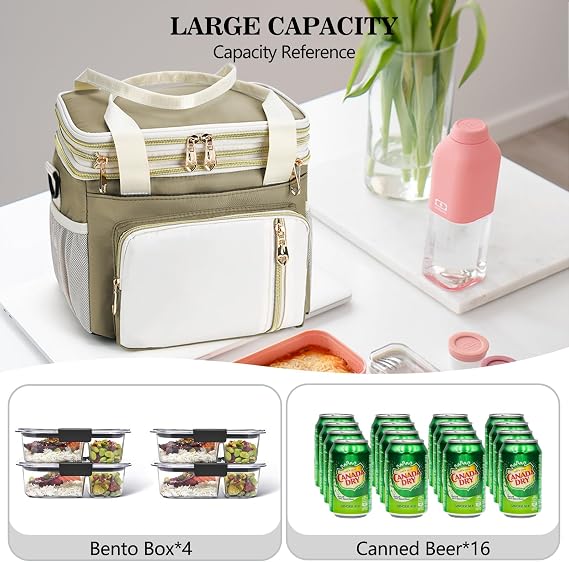 LOKASS Lunch Box for Women/Men-16L-Insulated Lunch Bag, Expandable Double-layer Leakproof Cooler Bag with Upgrade Adjustable Shoulder Strap Ideal for Work/Travel/Picnics(Beige&White)