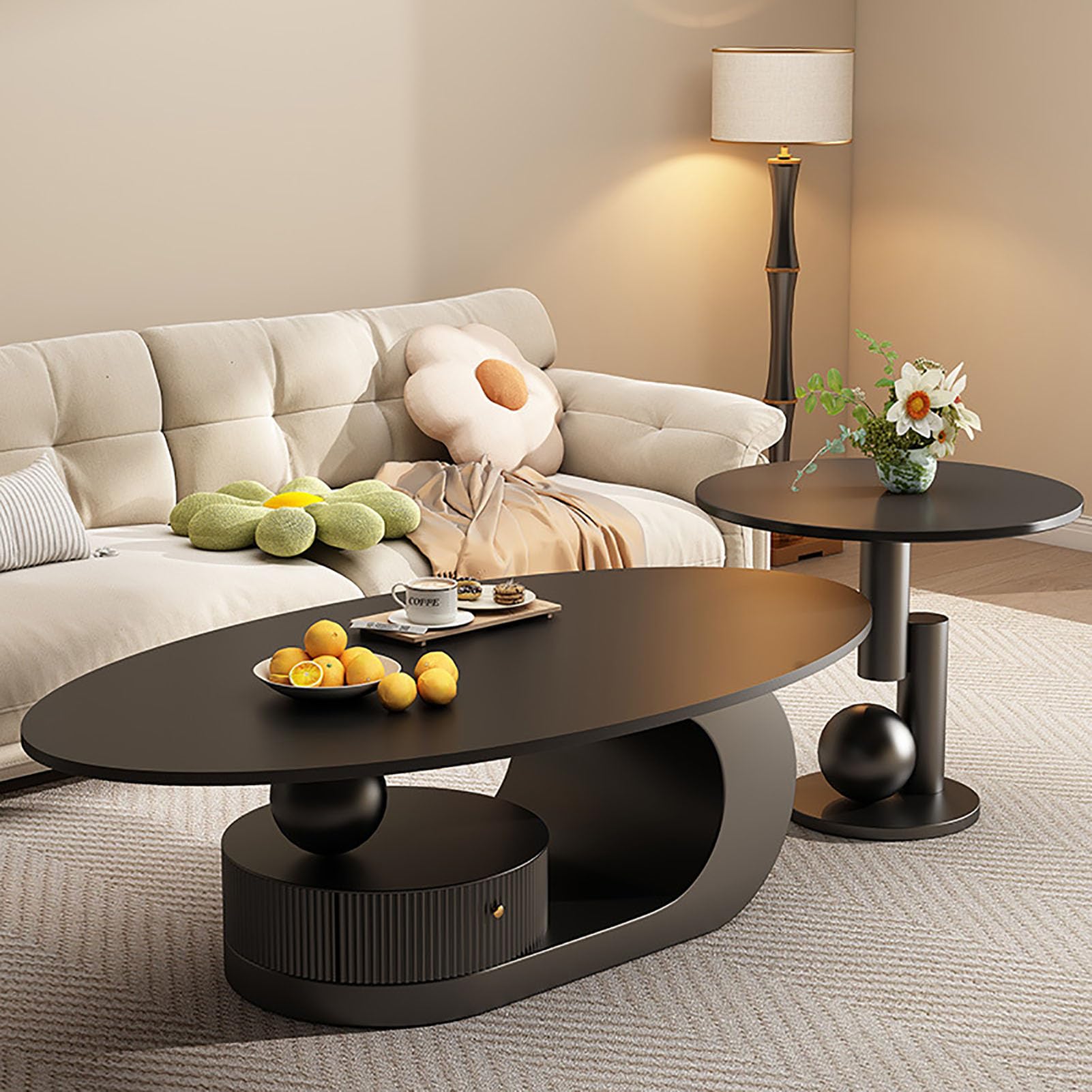 SXZenSpace Modern Oval Marble Coffee Table,47.2" Luxury Table with Storage Drawer And Shelf Metal Center for Living Room Office,C,Combination
