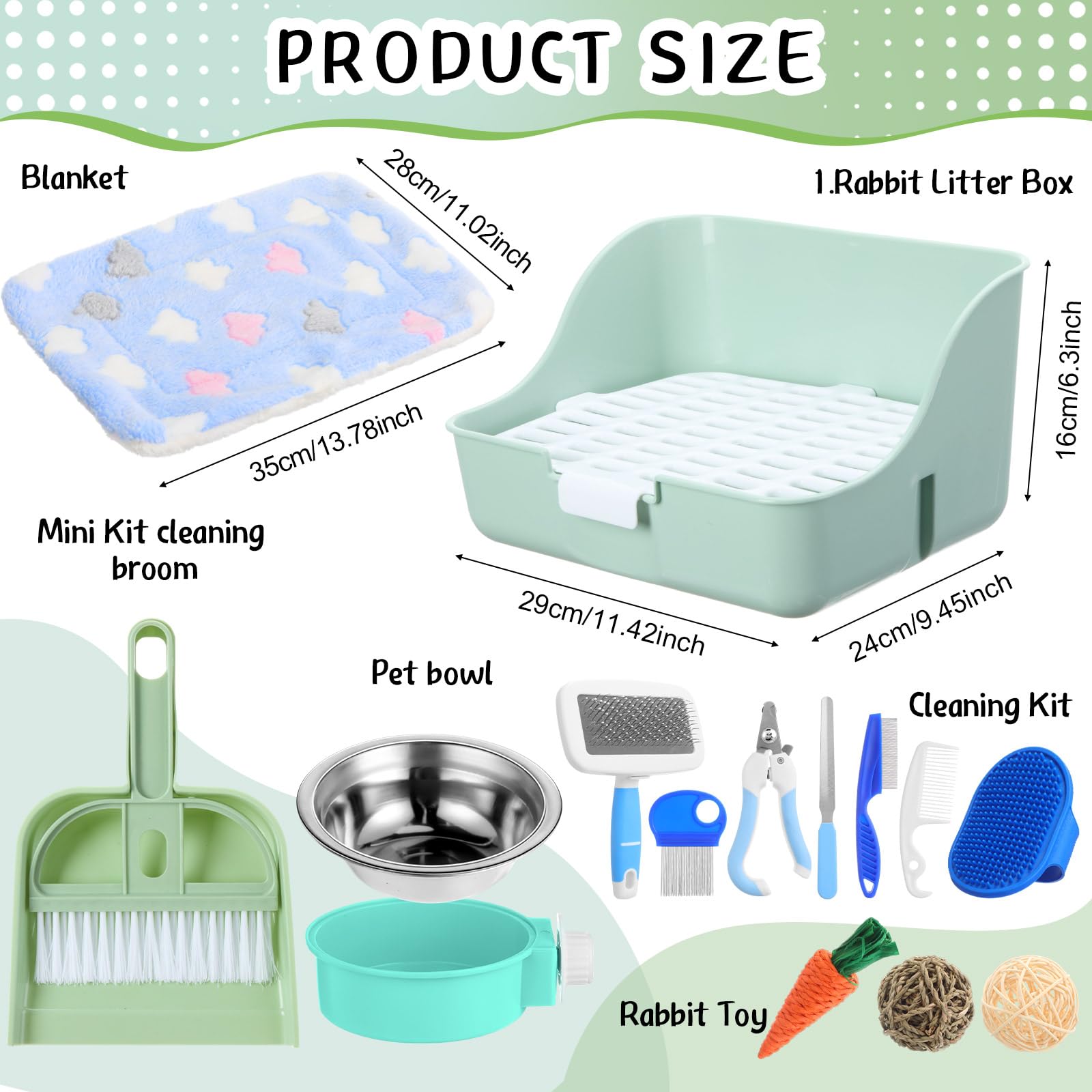 Reallnaive Juego de 15 piezas de conejo, caja de arena pequeña, kit de aseo de animales, juguetes de conejo, mantas con juego de limpieza para accesorios de conejillo de indias (verde)