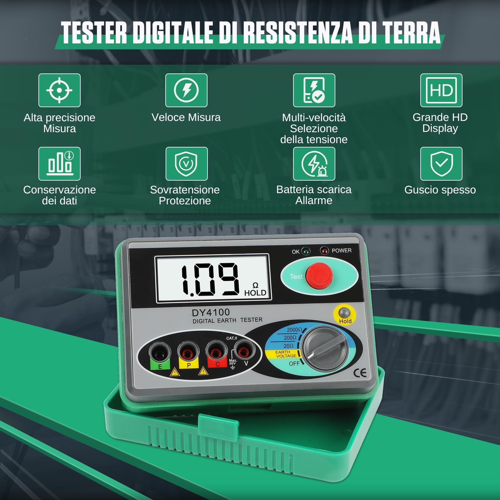 DY4100 Misuratore di Resistenza di Terra 0~2000 Ω Tester Digitale di Resistenza di Messa a Terra