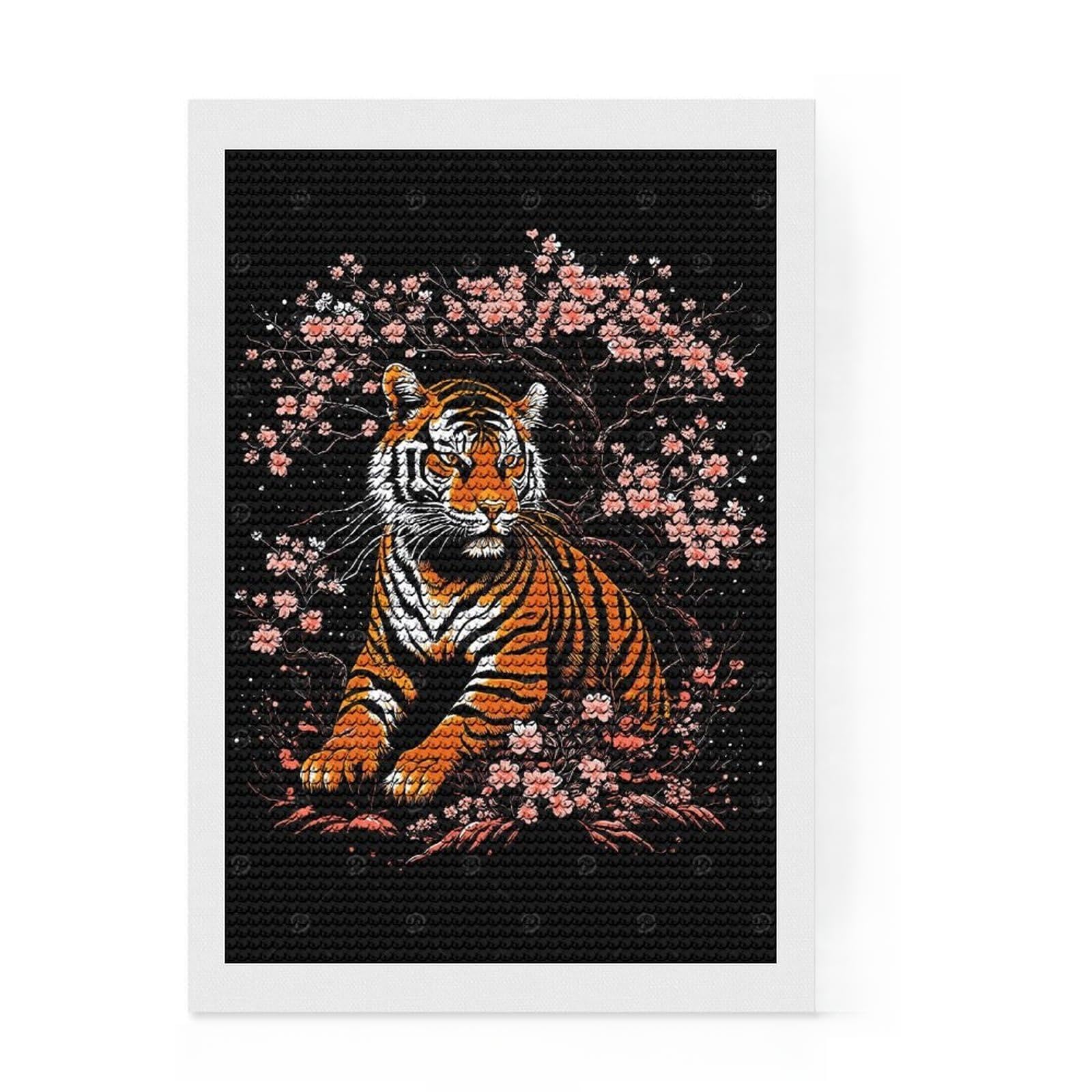 Junmoney Tiger and Sakura Diamond Painting Kit 8"x12", Holiday Gift Idea, for Beginners, Adhesive Canvas, Bedroom Decor, Stress Relief Craft