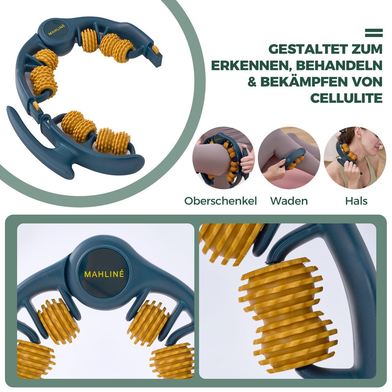 Anti-Cellulite Massagegerät mit Trockenbürste – Manuelles Faszienmassage Set für Beine, Po, Bauch & Arme – Hautstraffung & Lymphdrainage – Inklusive Baumwollbeutel