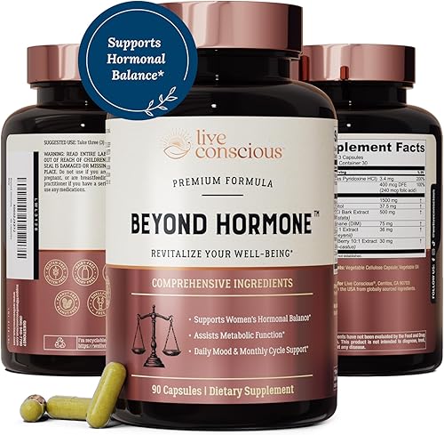 Live Conscious Beyond Hormona Holistic Balance para mujeres, un suplemento DIM con mio-inositol y D-quiro-inositol, promueve el equilibrio saludable