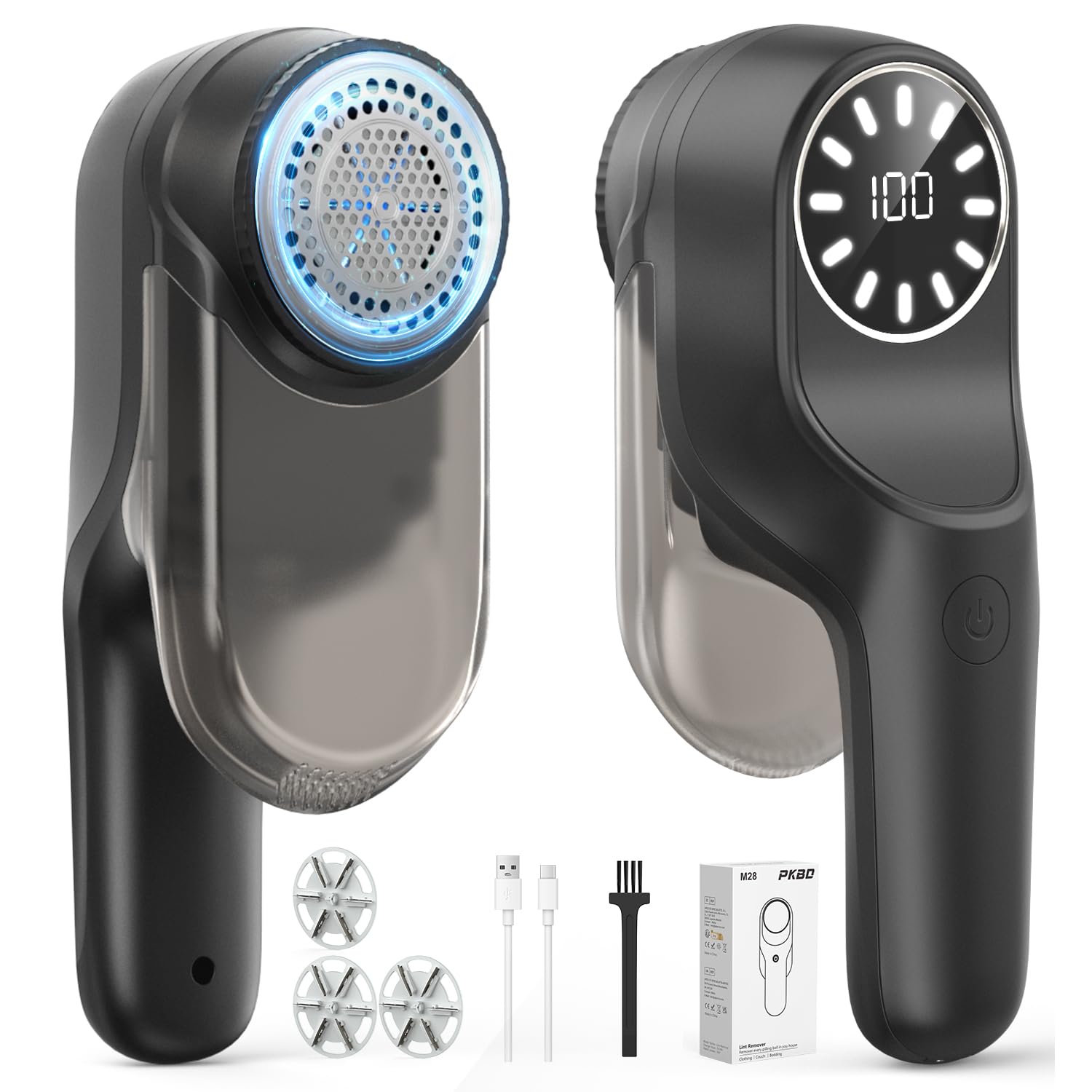 PKBD Large Size Electric Charging Fabric Shaver and Lint Remover with 3 Free Extra Blades, Large Capacity Scrap Storage, Quickly and Effectively Remove Fluff, Lint, and Bobbles,Black