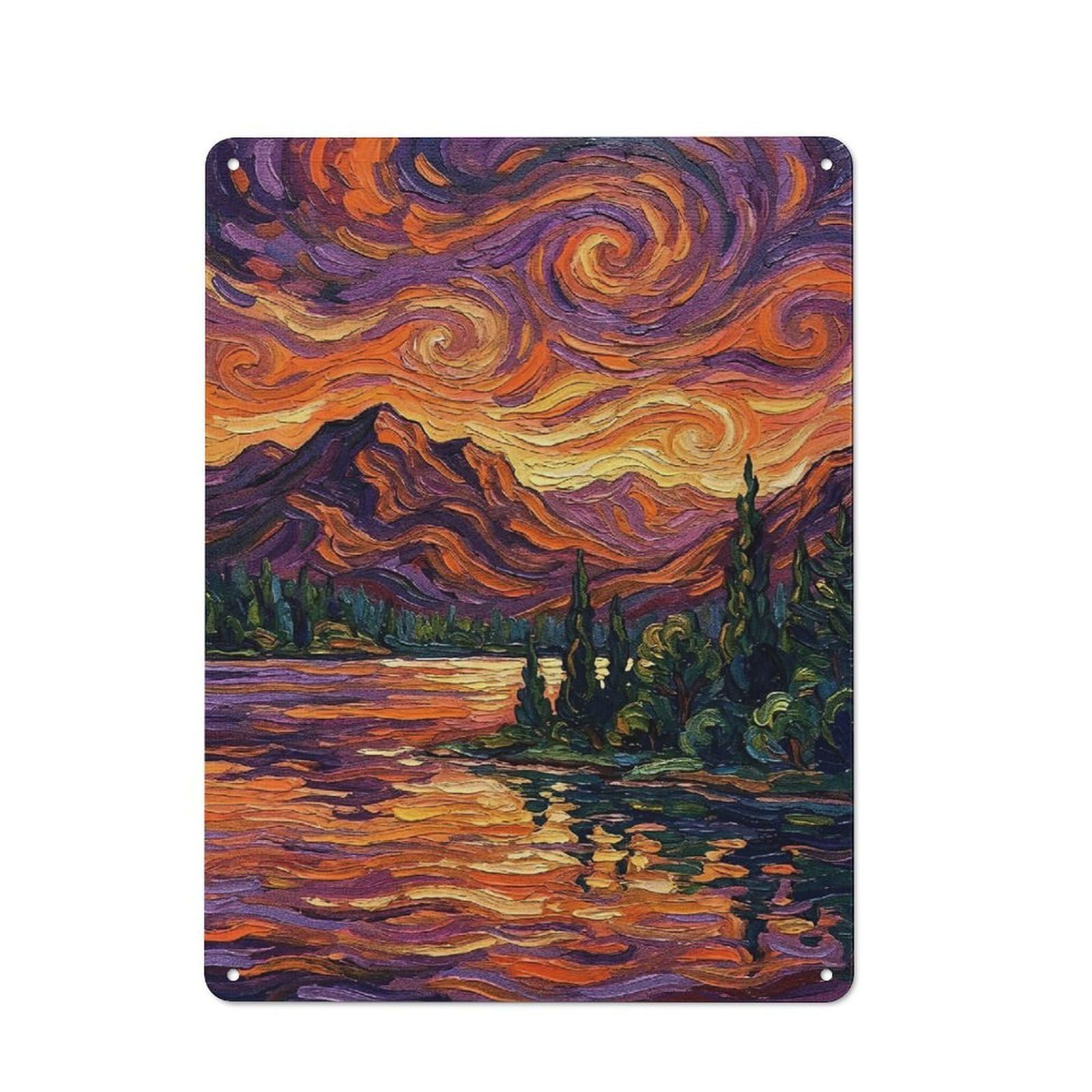 Junmoney Style-4 Tin Wall Sign With Impressionistic Landscape Painting With Swirling Sky Design 40X30cm, Cosy Cafe Wall Decor For Kitchen, Cafe, Pantry Or Dining Room