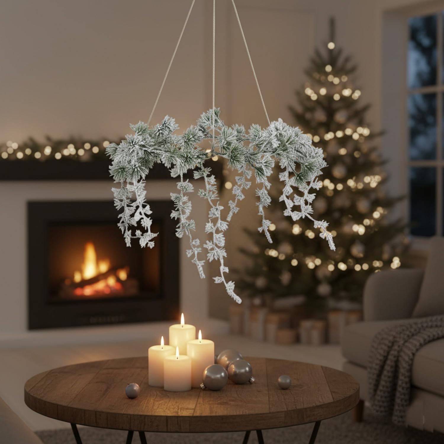 MACOSA PO671128 Kranz hängend beschneit Ø 40 cm Winterkranz Kunststoff 55 cm Aufhängung künstlicher Tannenkranz mit Schneeoptik Weihnachtsdeko zum Hängen Dekokranz