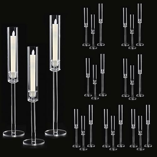 Vincidern Juego de 24 portavelas cónico de acrílico, juego transparente para centro de mesa, soporte de vela largo, pantalla cilíndrica para