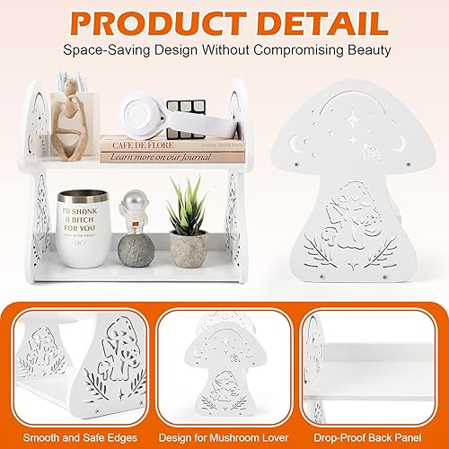 Miniatura 5 de Pequeño y lindo estante de hongos para almacenamiento de escritorio, mini estantes de escritorio de hongos, organizadores de versatilidad blanca