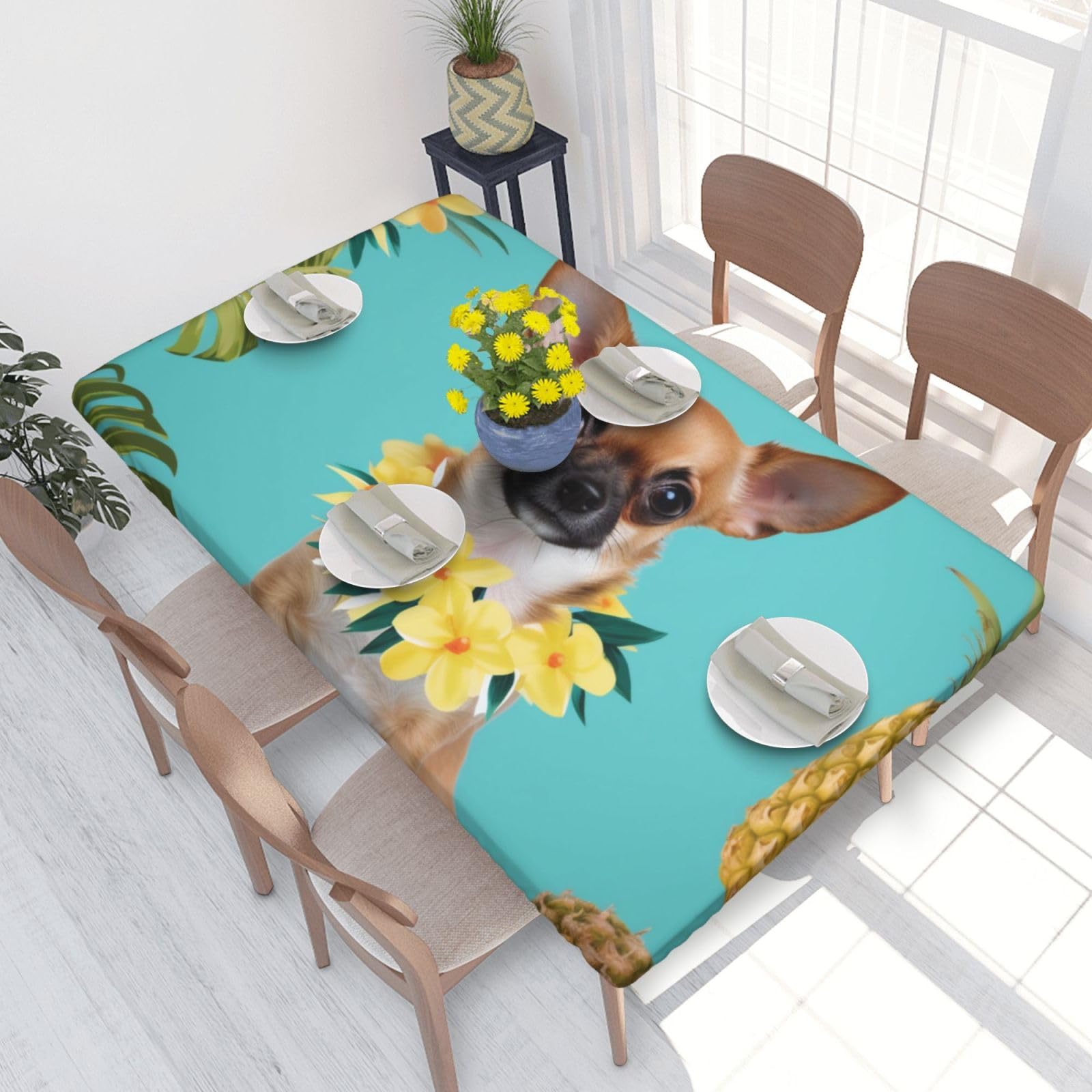 WPKJU Chihuahua Dog Pineapple Printed Tablecloths 4ft Rectangular Table Covers Washable Polyester Decorative Table Cloth for Dining Table Picnic Wedding