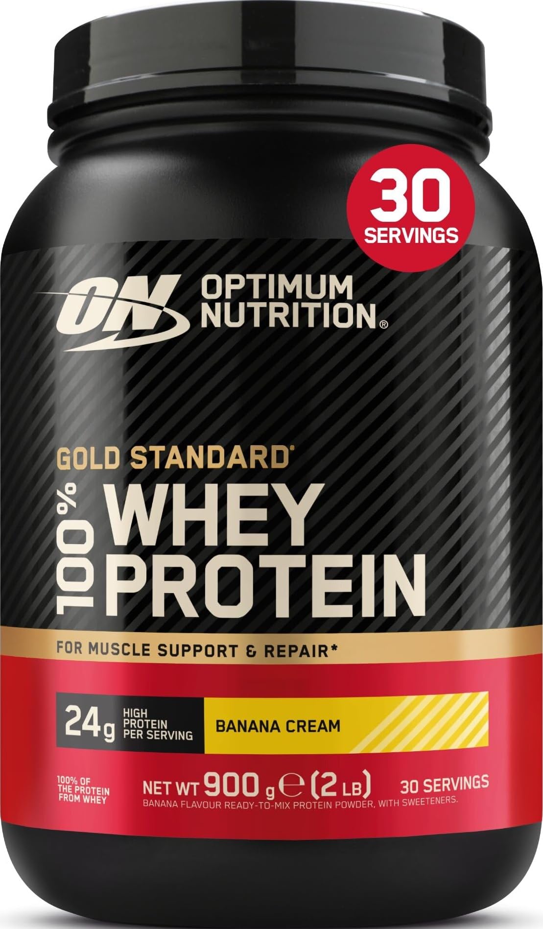 Optimum Nutrition Gold Standard 100% Whey Muscle Building and Recovery Protein Powder with Naturally Occurring Glutamine and BCAA Amino Acids, Banana Cream Flavour, 30 Servings, 900 g