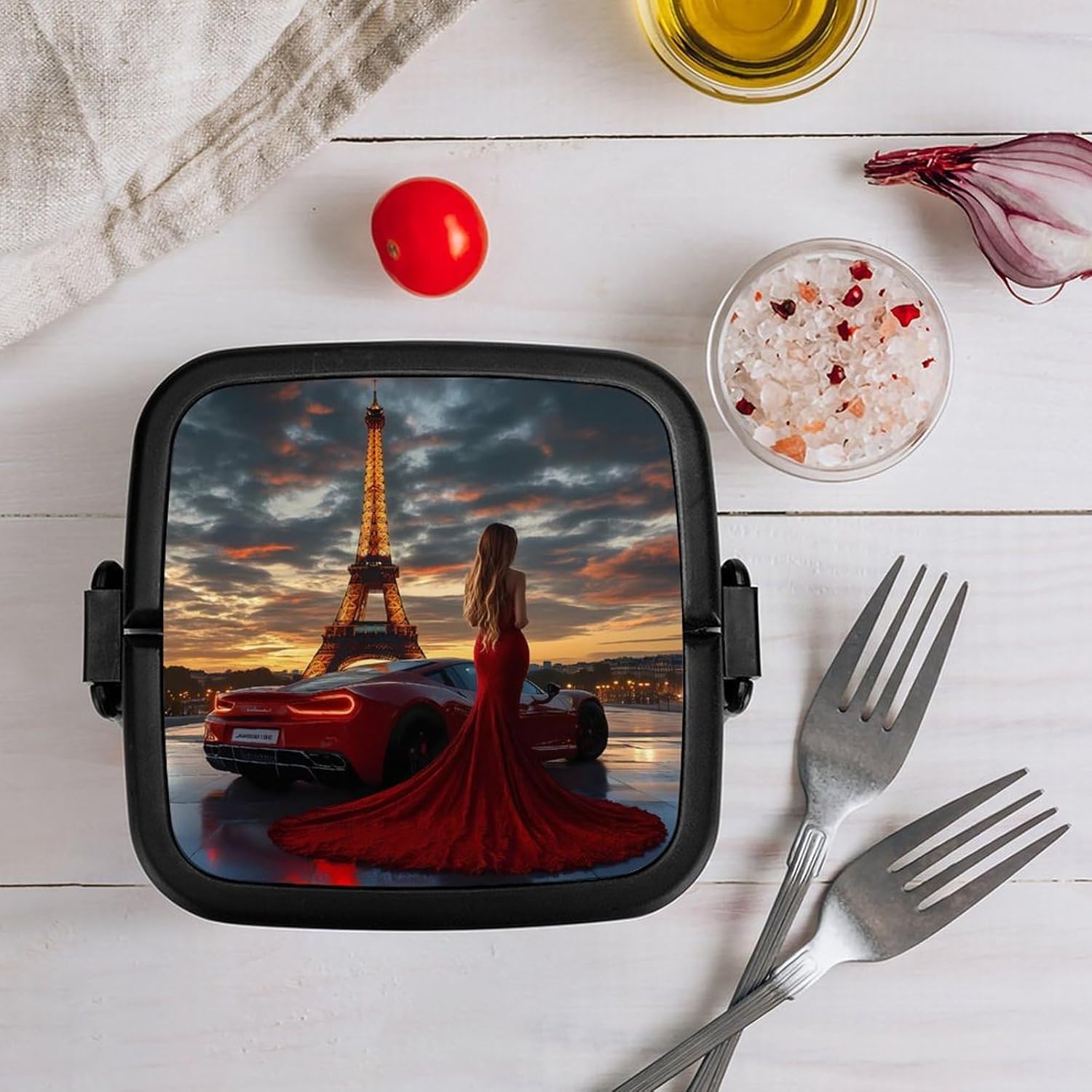 Paris Eiffel Tower Women Bento Box with Spoon 2 Layer Food Container Cute Lunch Box for Travel Dining Work