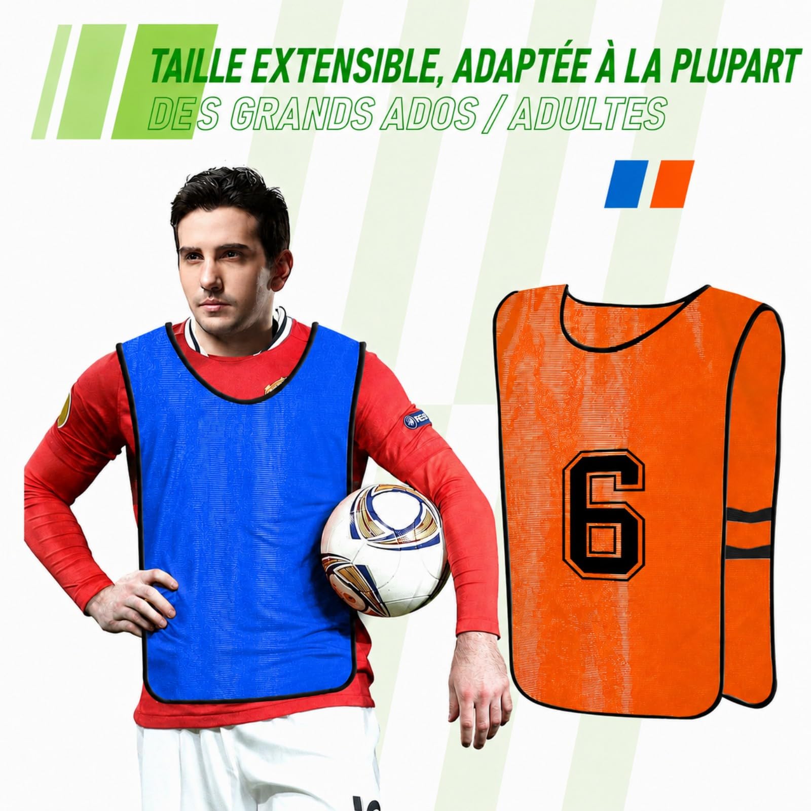 Lot de 12 Chasubles de Football Réversibles Numérotées pour Adultes – Gilets d’Entraînement Respirants pour Sports d’Équipe Foot Basket – Taille XL – Orange/Bleu