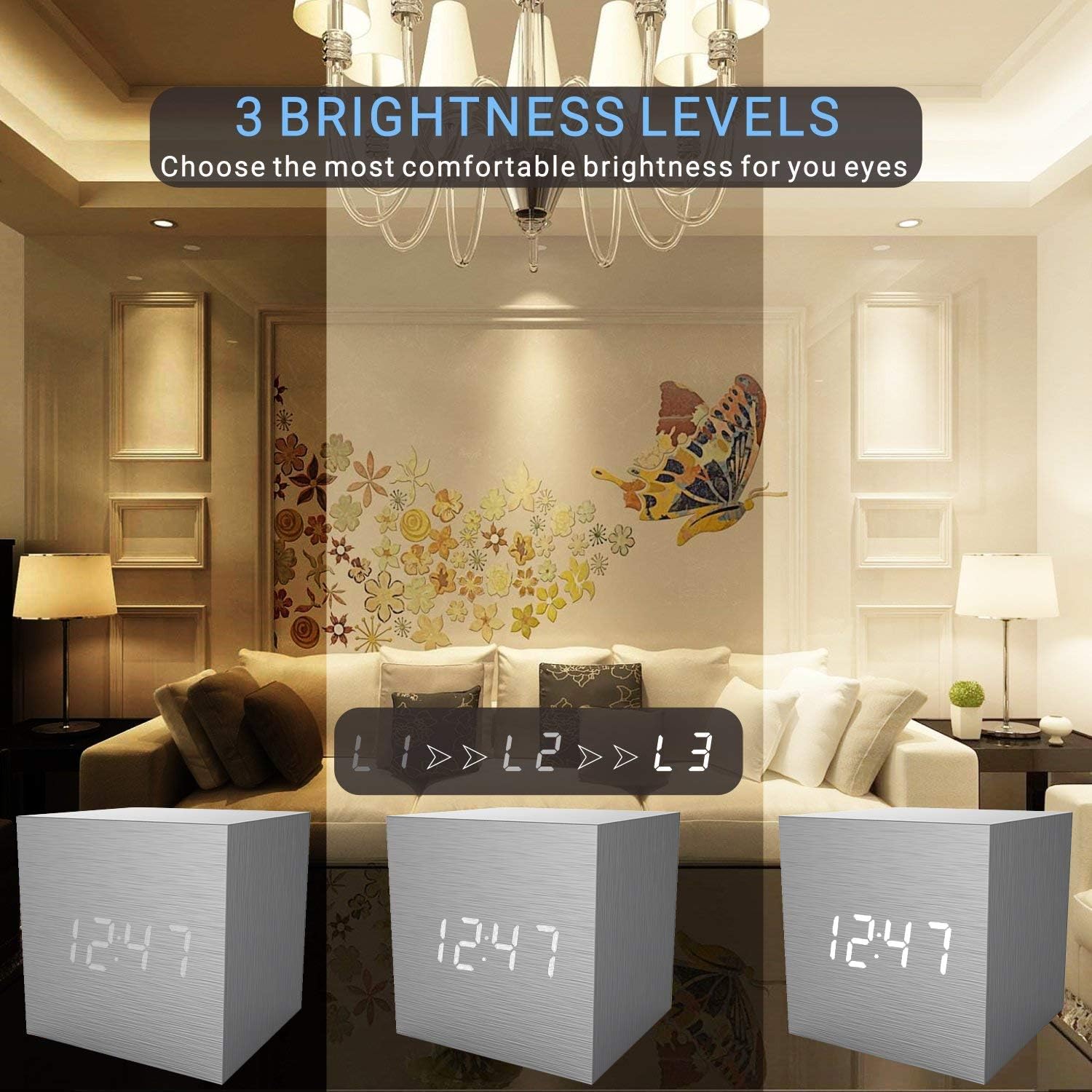 Digital Alarm Clock, Micar LED Light Mini Modern Cube Desk Alarm Clock Displays Time Date Temperature for Kids, Bedrooms, Home, Dormitory, Travel (Light Grey)