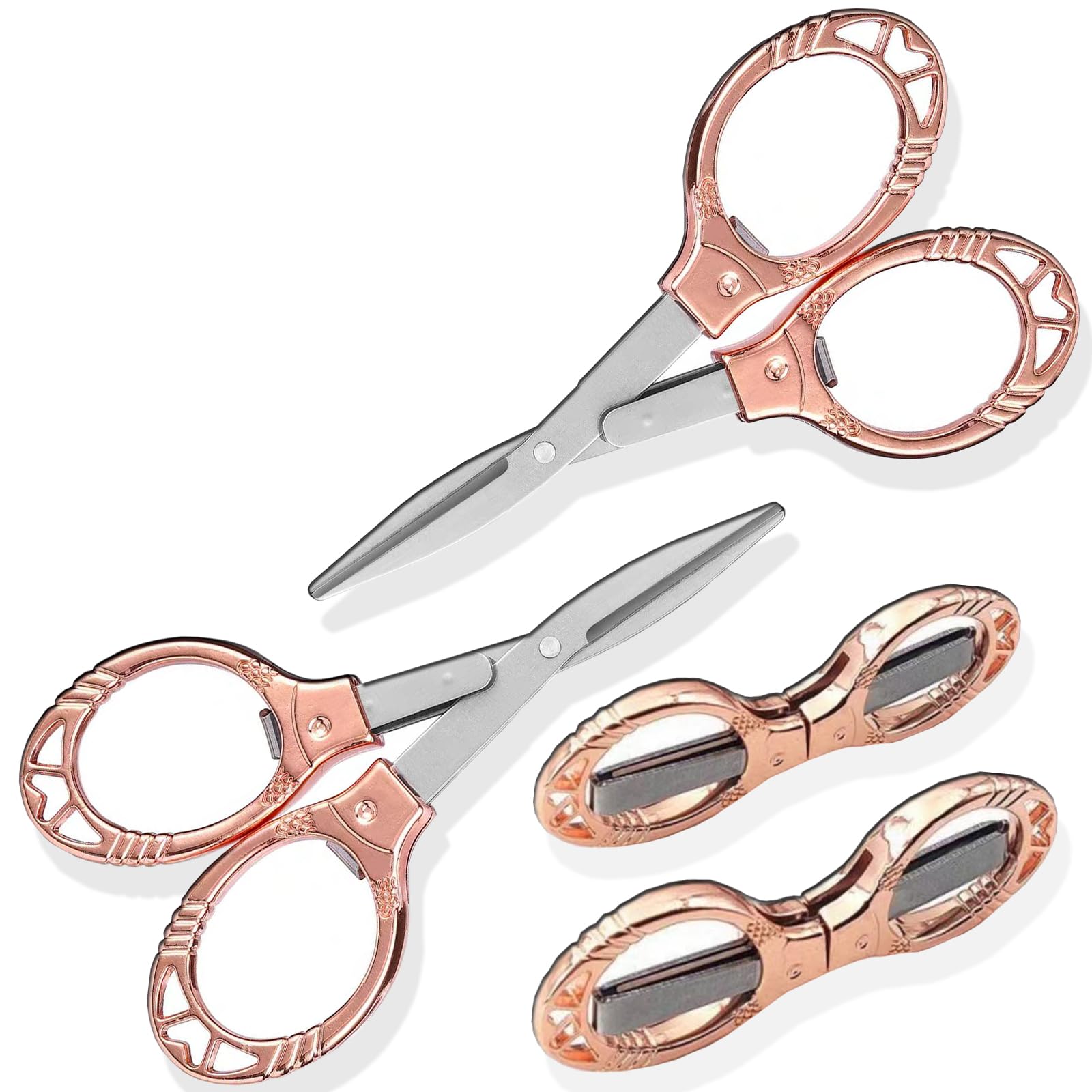 YVAOG Mini Folding Scissors, Safe Portable Travel Mini Scissors, Stainless Steel Retractable Small Scissors for Home Office, 2 Piece Set (rose gold-A)