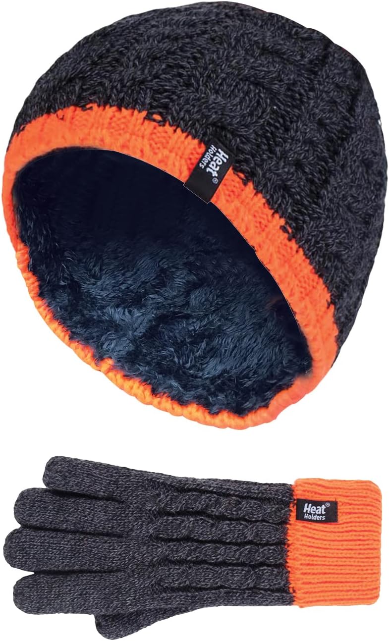 HEAT HOLDERS - Kids Boys Knitted Thick Winter Cold Weather Hat and Gloves Set (7-10 Years, CO1P7)