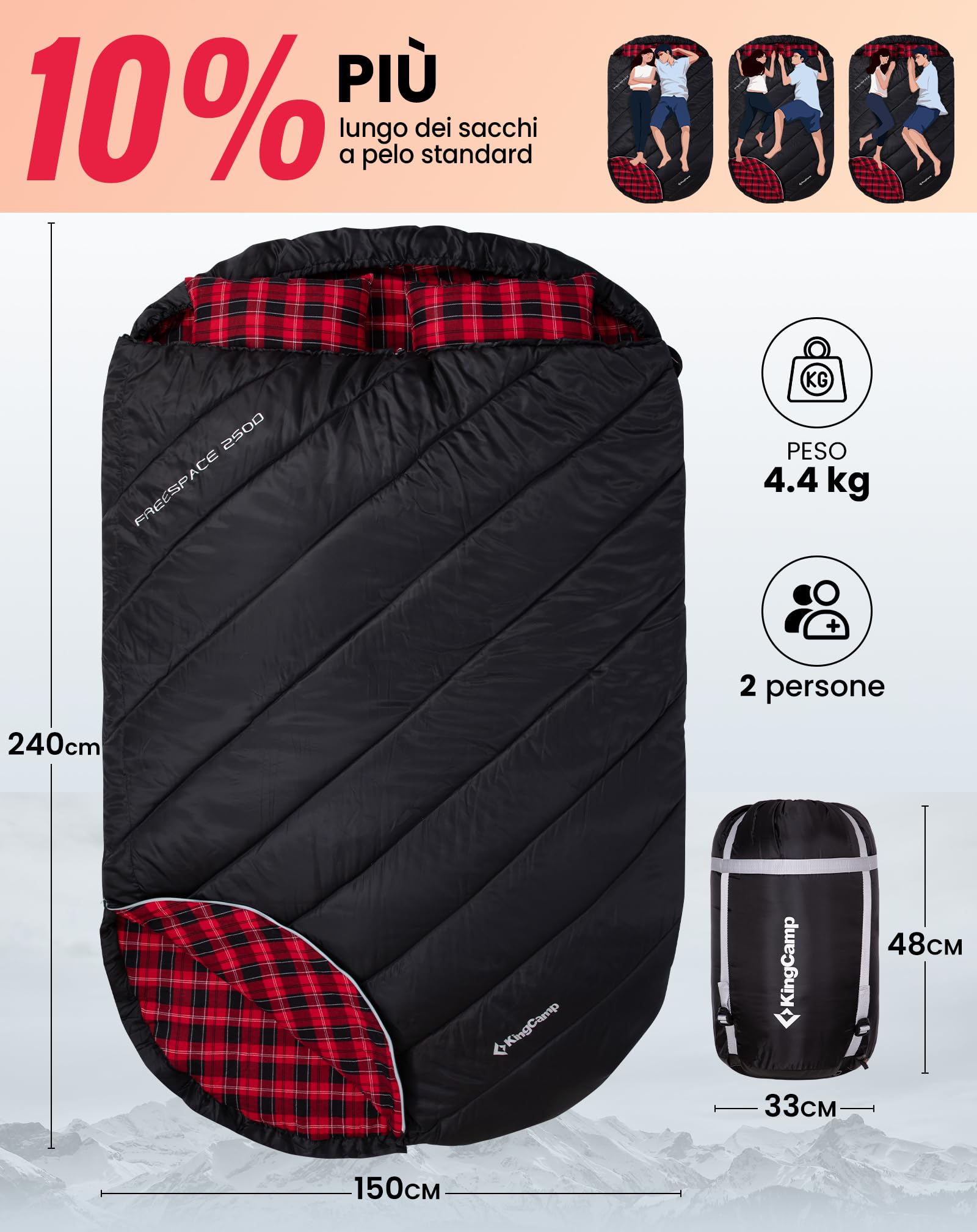 KingCamp Sacco a pelo doppio in flanella di cotone per 2 persone - Caldo invernale, 3-4 stagioni, con 2 cuscini - Ideale per camping, viaggi e attività outdoor