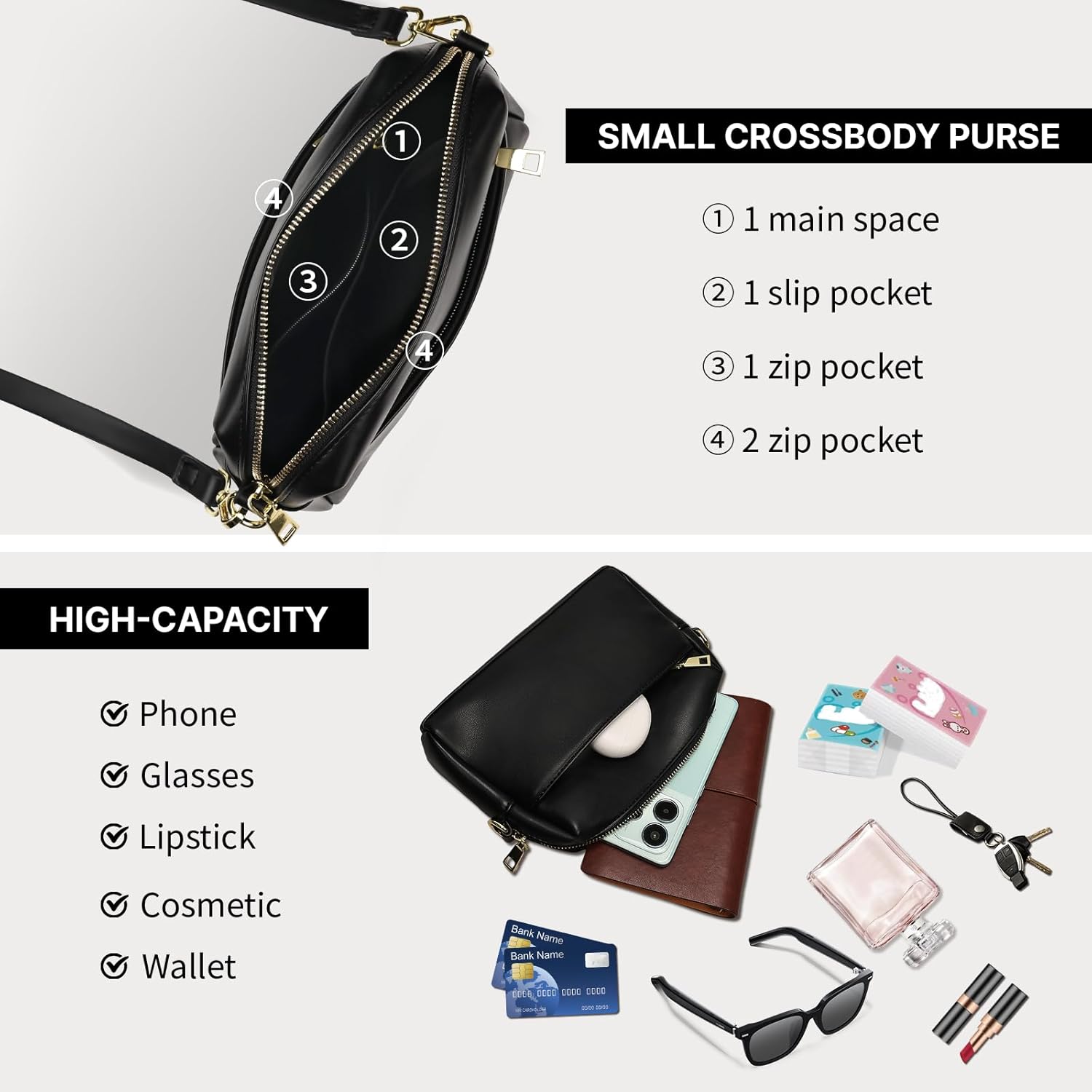 Triple Zip Crossbody Bag for Women - Vegan Leather Camera Purse with Detachable Strap & Organizer Pockets for Travel - Image 4