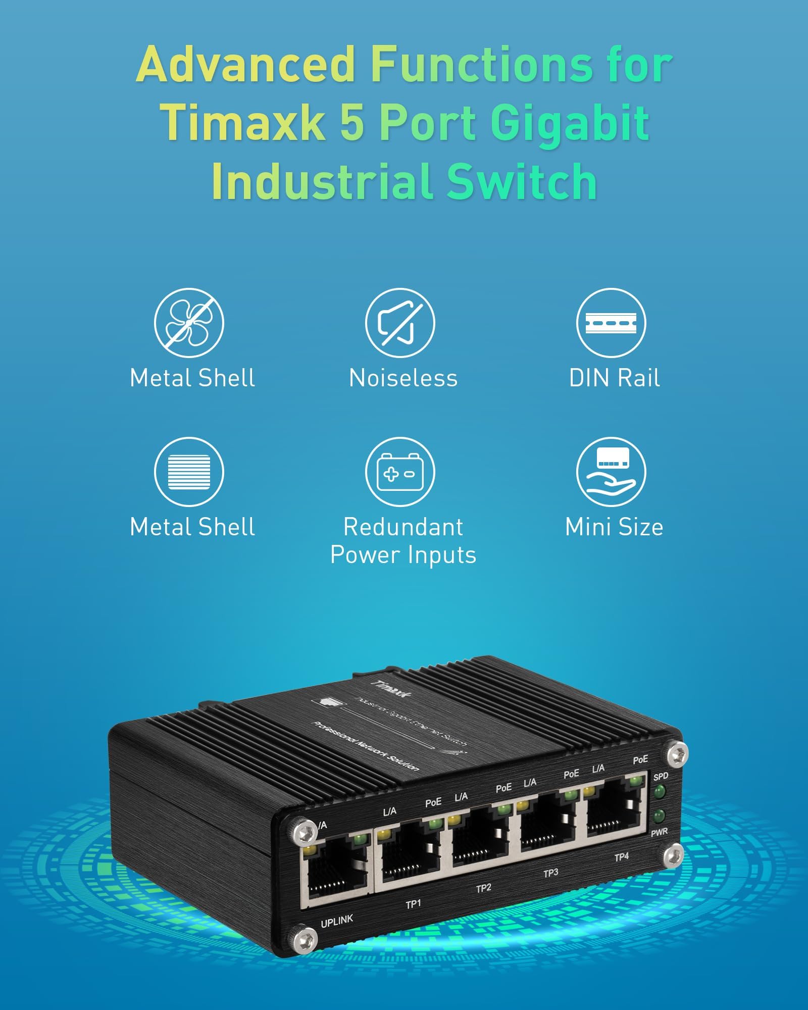 Timaxk Switch de red Gigabit Ethernet de 5 puertos, PoE opcional, concentrador de red, divisor Ethernet, optimización de tráfico, Plug and Play, montaje en pared e instalación en riel DIN