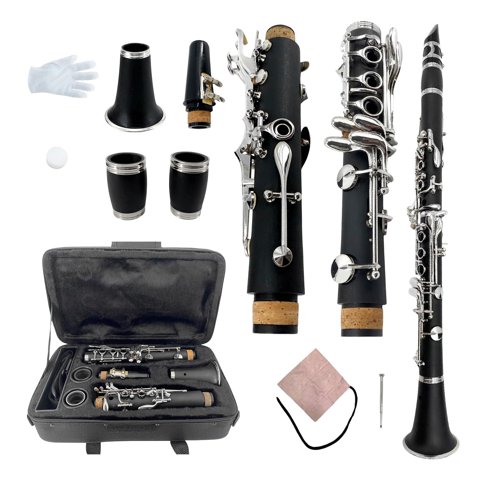 Clarinette en ébonite en Mi bémol avec sacoche rigide de transport et kits d'entretien - Clarinettes professionnelles à 17 touches en Do avec 2 barils pour débutants et orchestres