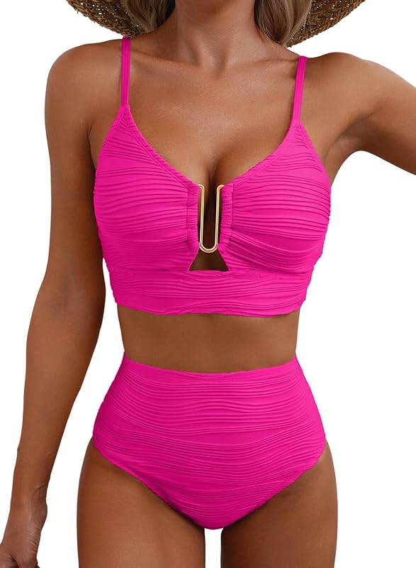 Women High Waisted U Wired Texured 2 Piece Bikini Sets