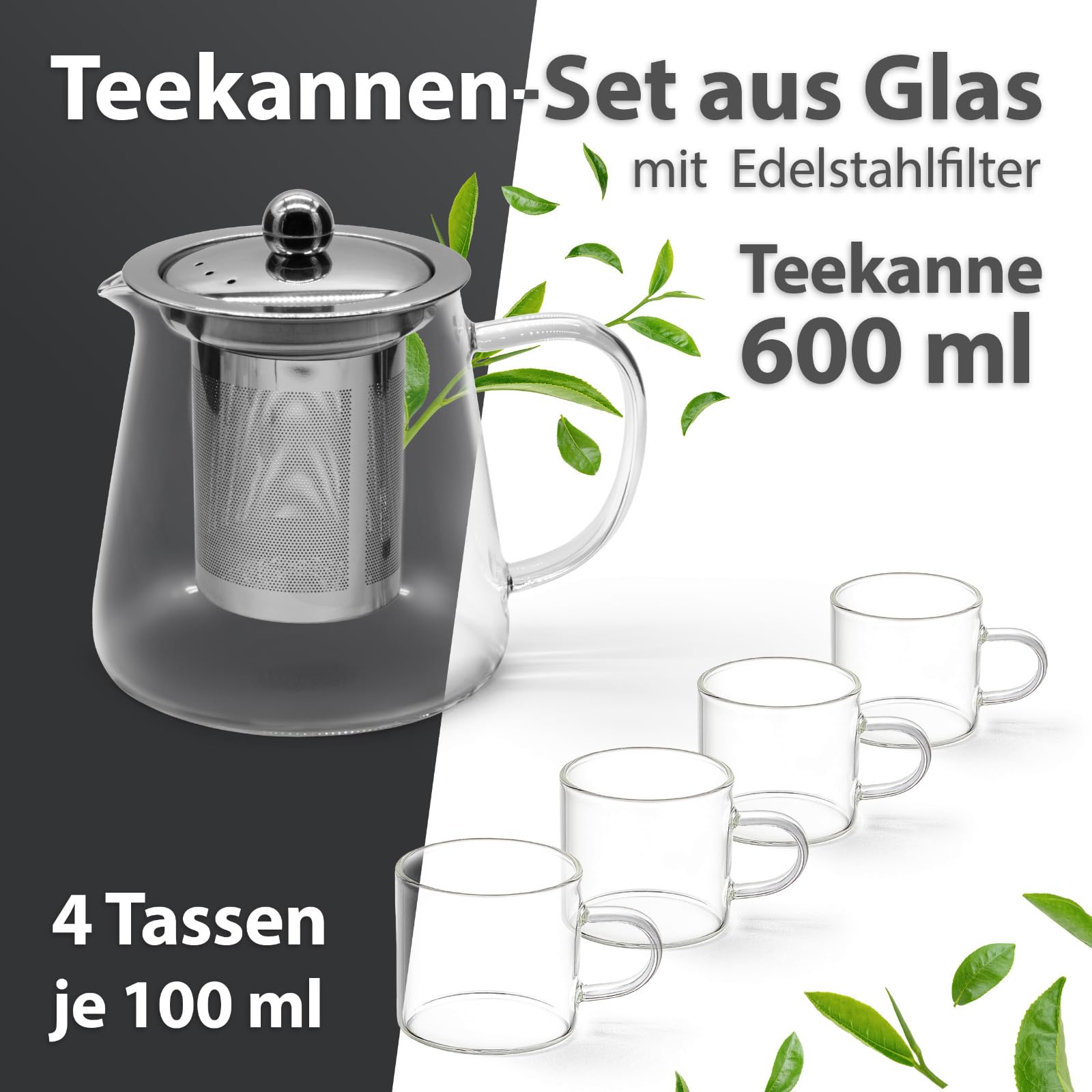 t24 Teiera in vetro con setaccio, resistente al calore, estraibile, filtro in acciaio inox (1700 ml) (600 ml + 4 x 100 ml)