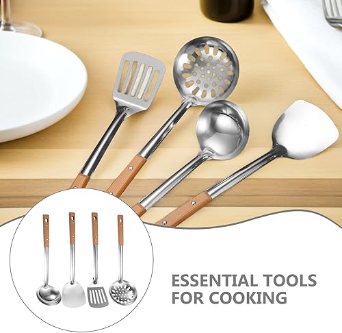 Miniatura 5 de TEHAUX Juego de utensilios de cocina de acero inoxidable de 4 piezas con asas de madera, espátula multifuncional para wok, cuchara ranurada,