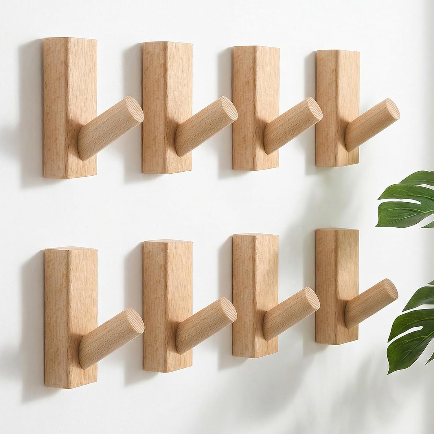 8 Pack Wood Coat Hooks Wall Mounted, Heavy Duty Natural Wooden Hooks for Hanging Robes, Towels, Hats & Bags, Solid Wood Entryway Rack with Screws & Adhesive Pads for Bathroom Bedroom Closet