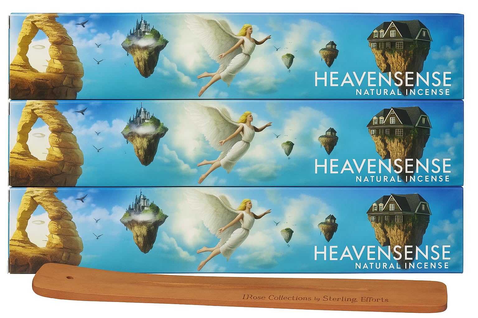 New Moon Aromas Heavensense Natural Incense Sticks – 3 Pack with JRose Wooden Burner | Sandalwood, Rose & Vanilla Blend | Natural Relaxing Aroma for Meditation, Yoga & Home Fragrance