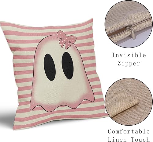 Miniatura 4 de Juego de 2 fundas de almohada de Halloween de 18 x 18 pulgadas, con estampado de rayas y fantasmas rosados, diseño de rayas y fantasmas rosados,