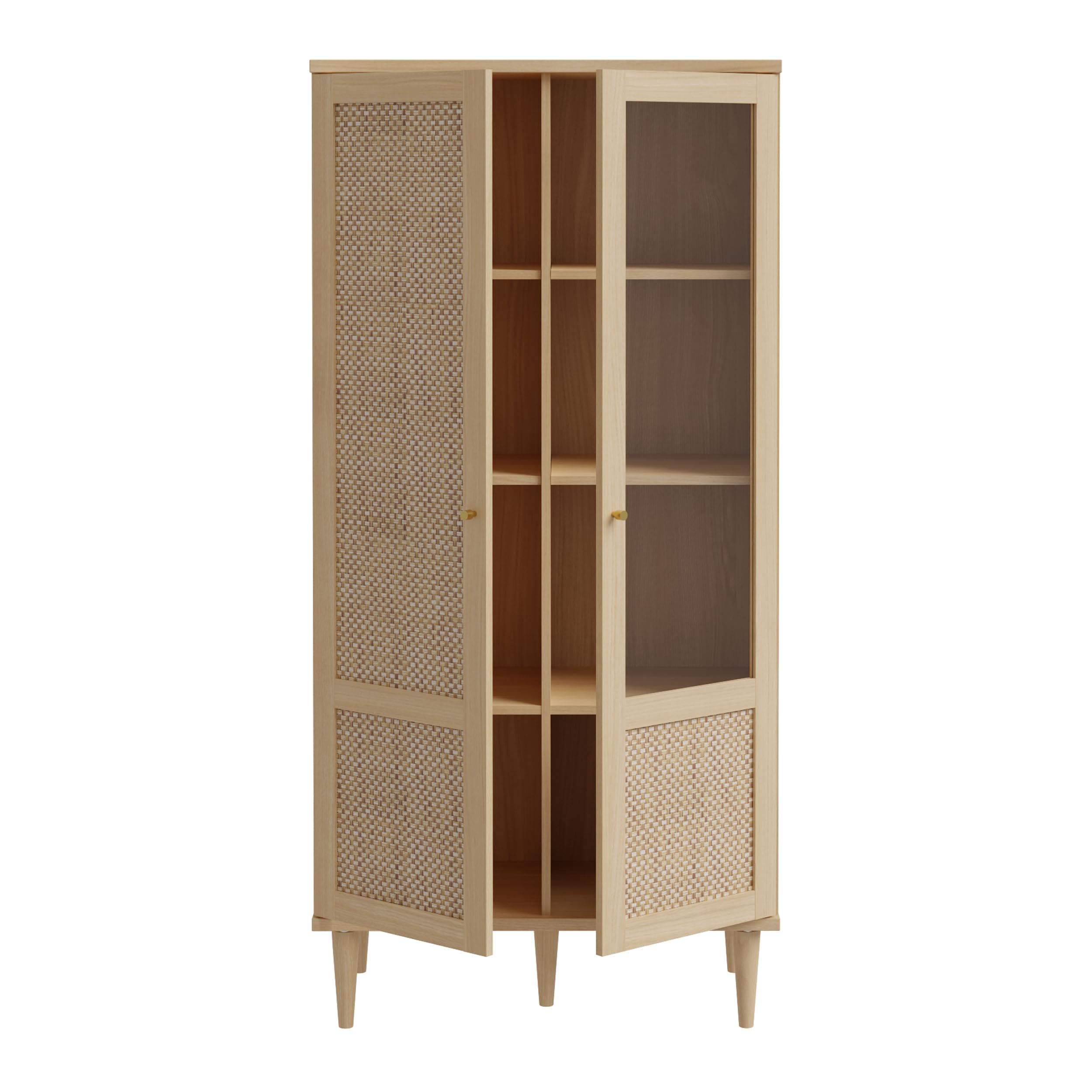 Forte CALASETTA Vitrine 80, Boho-Vitrinenschrank mit Rattangeflecht, 2-türig, Holzwerkstoff, Elegancia Eiche | Technorattan, 80,1 cm breit x 166,6 cm hoch x 41,4 cm tief