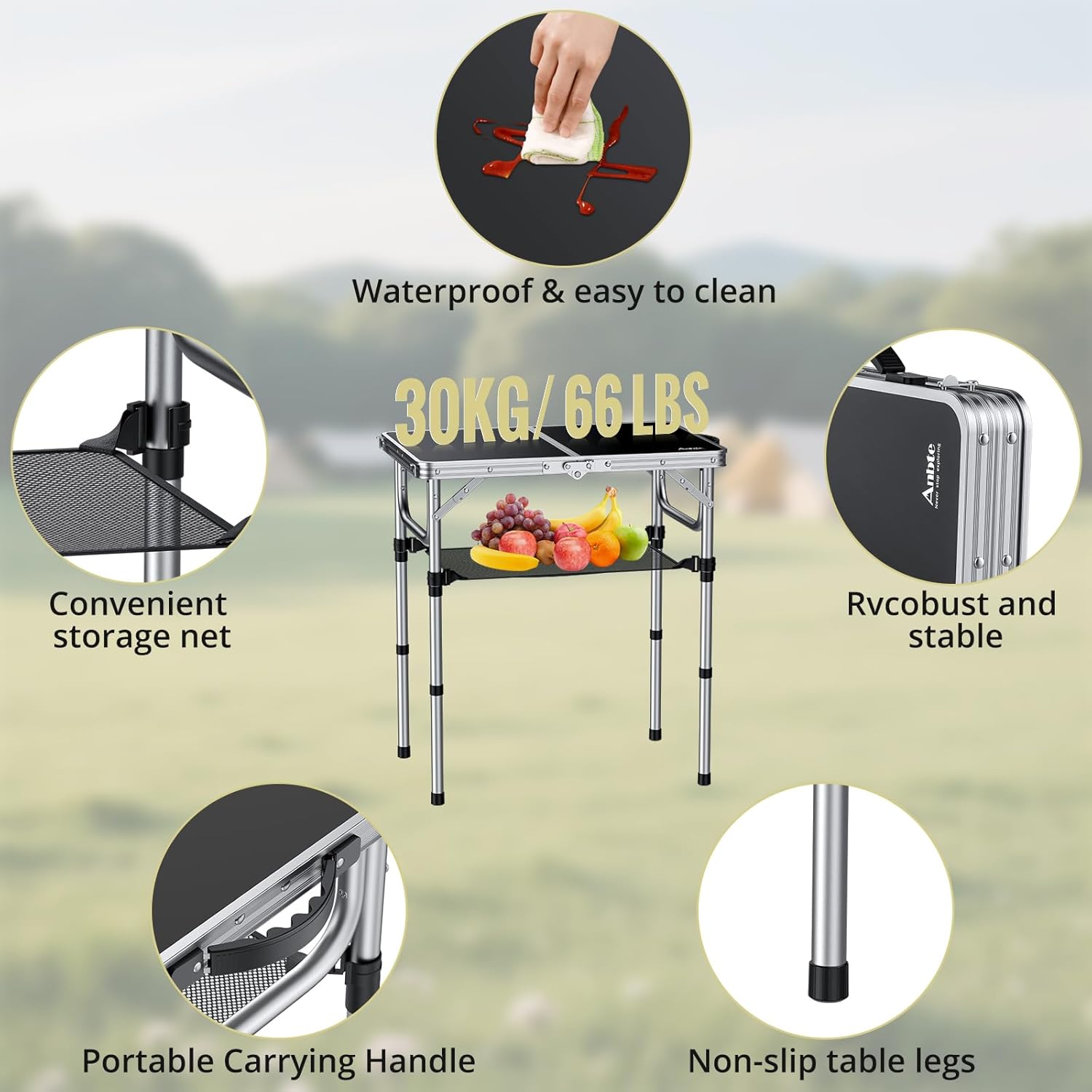 Anbte 2ft Folding Camping Table with Storage Net, 3 Adjustable Heights Small Folding Table Portable & Lightweight with Carry Handle, for Camping Fishing Picnic Beach Outdoor, 22.8"x 15.7", Silver