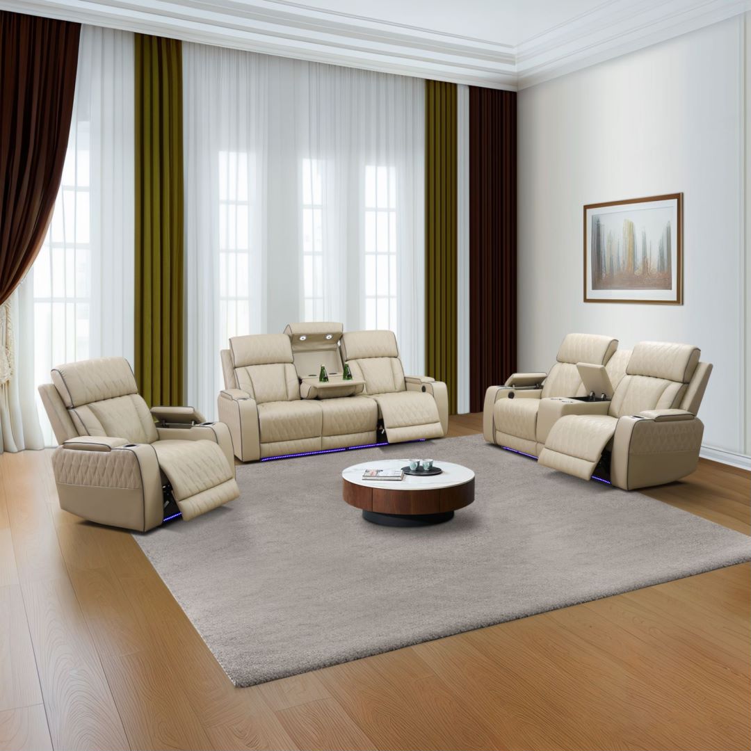 Sillón reclinable eléctrico amplio de cuero beige miniatura 7